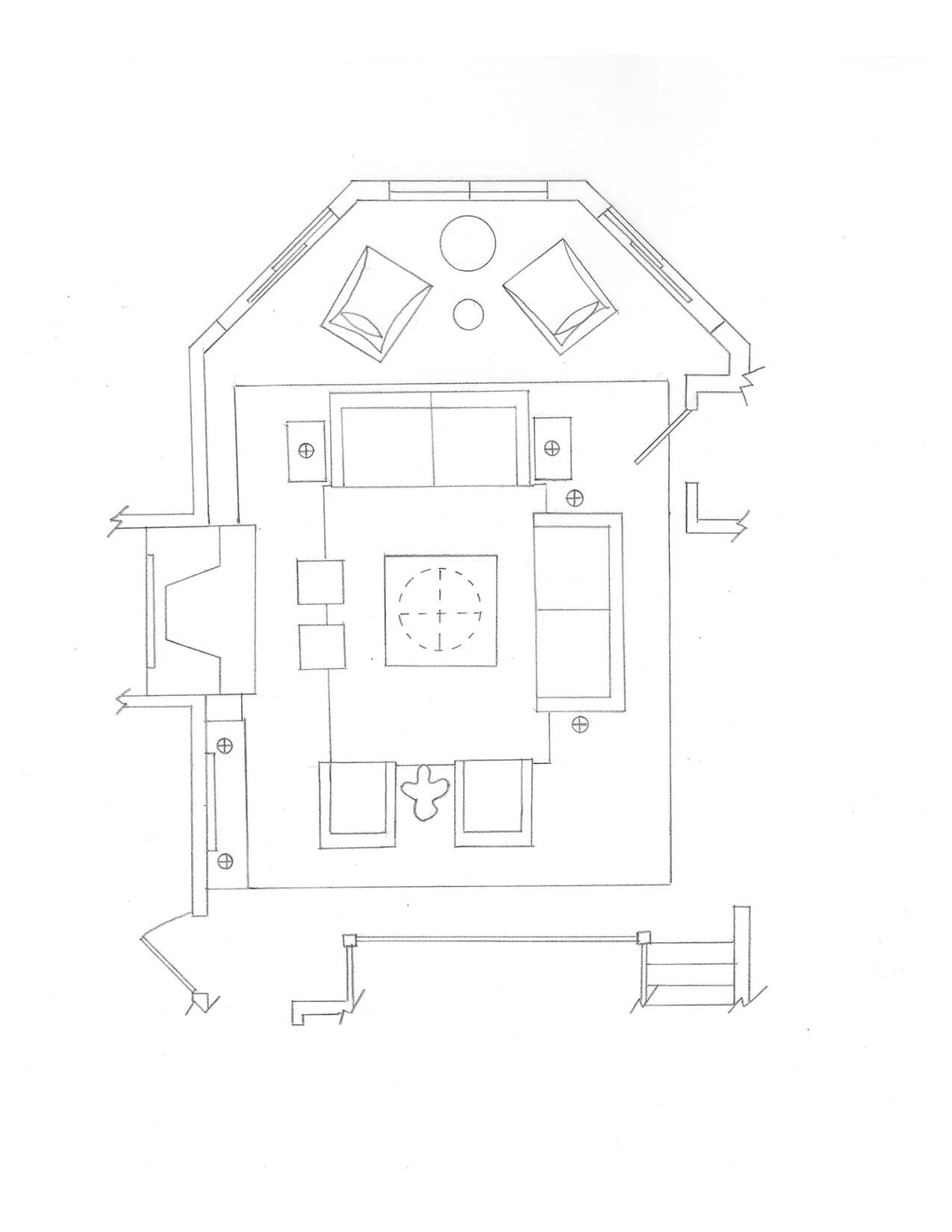 Architectural floor plan of a living room with furniture, including sofas, chairs, a coffee table, and decorative elements.