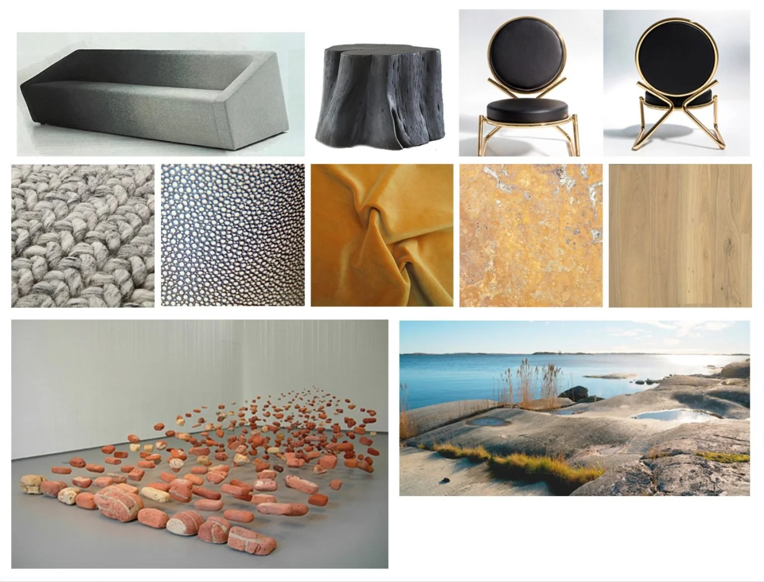 A collection of interior design elements and textures including a gray sofa, a black wooden stool, black and gold chairs, a rug, patterned fabric, yellow velvet fabric, textured orange stone, wood flooring, a sculpture of scattered rocks, and a rocky