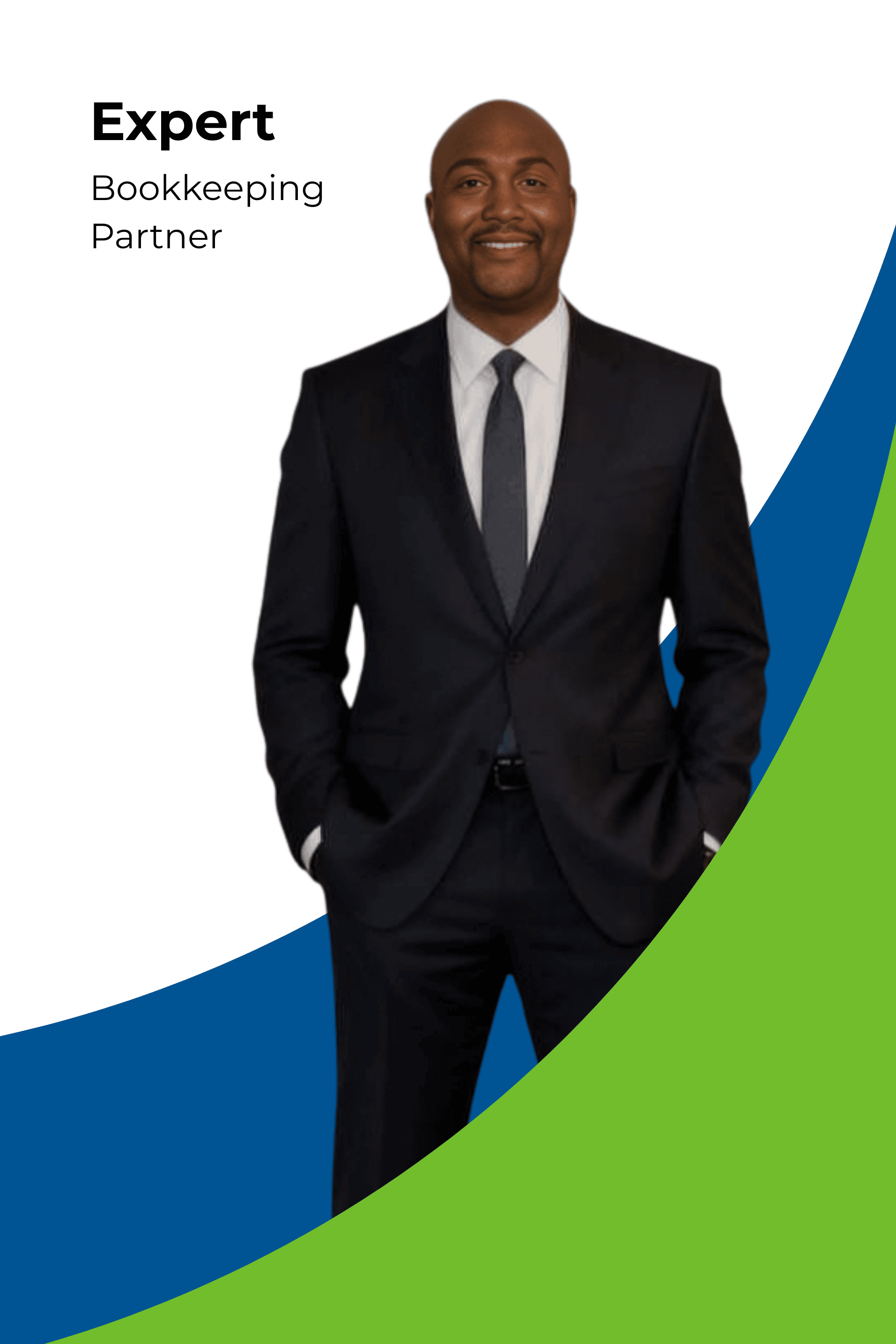 A man in a dark suit and tie standing with his hands in his pockets, smiling against a black background with green and blue curved design elements.