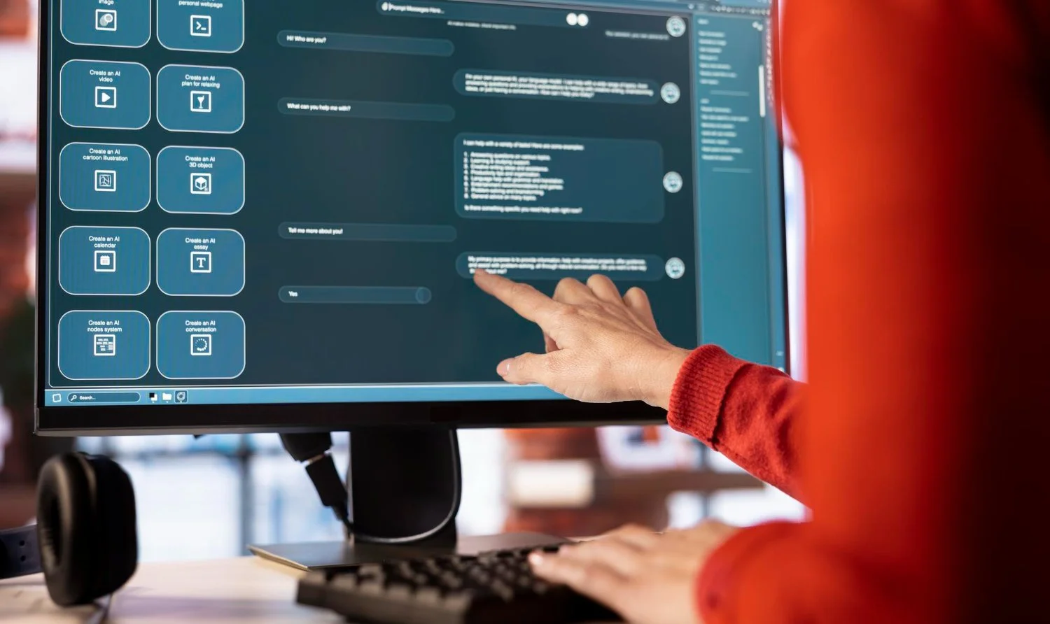 Person using a desktop computer with a touchscreen, interacting with a chat window on a dark-themed AI chatbot interface, with icons for creating AI content on the left side.