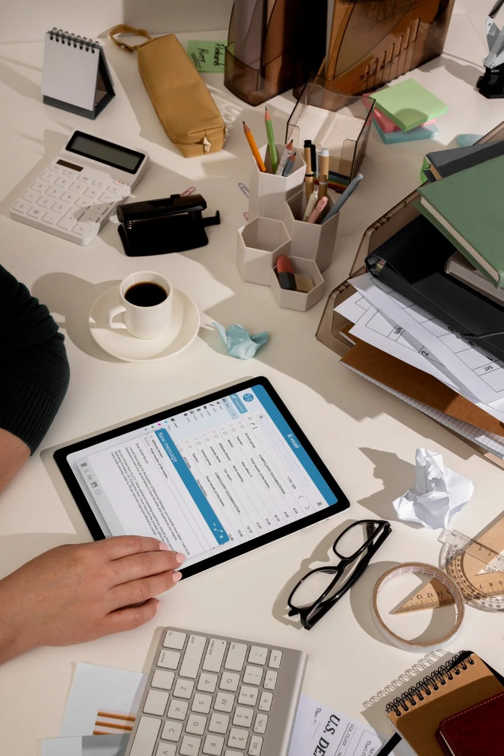Office desk with a tablet displaying an email, eyeglasses, a coffee cup, crumpled paper, a calculator, various stationery items, stacked notebooks, and paper documents.