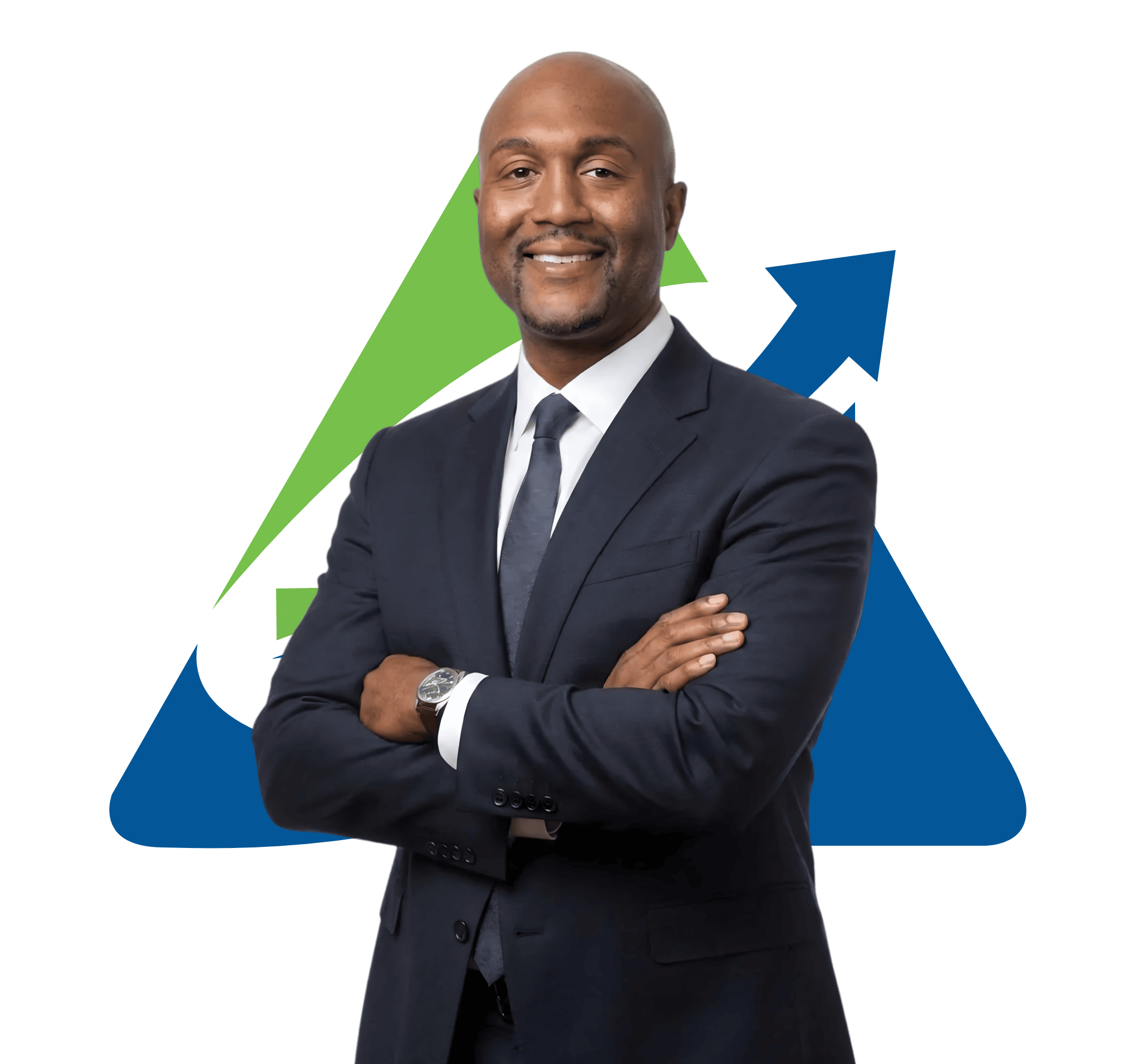 A confident Black man in a dark suit and tie with arms crossed, standing in front of a background with green and blue arrows.