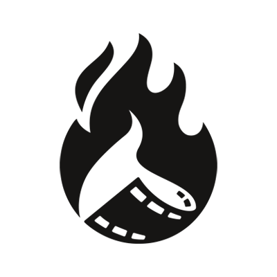 A stylized black and white graphic of a film reel with flames.