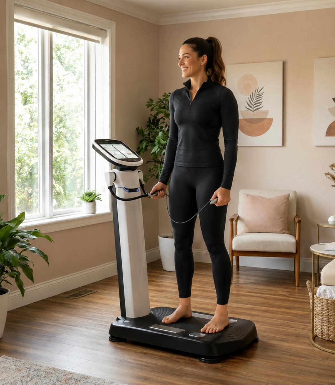 Woman using a body recovery and circulation therapy machine at Karma Wellness in Mission Hills, San Diego designed to support muscle recovery, circulation, relaxation, detox support, and whole-body wellness.