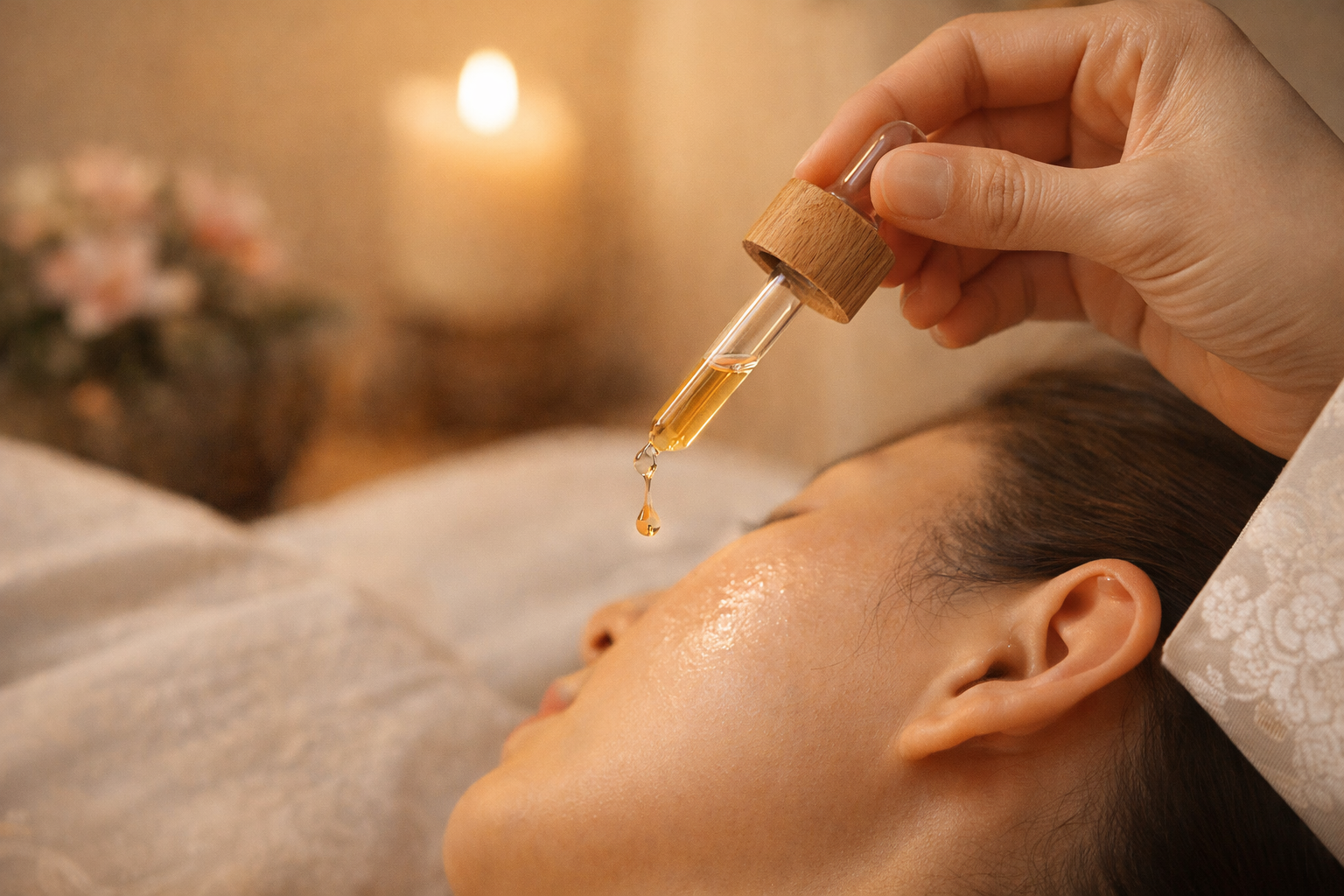 Precision serum application during personalized facial treatment — Laurel Studio tailors every product choice to your specific skin condition