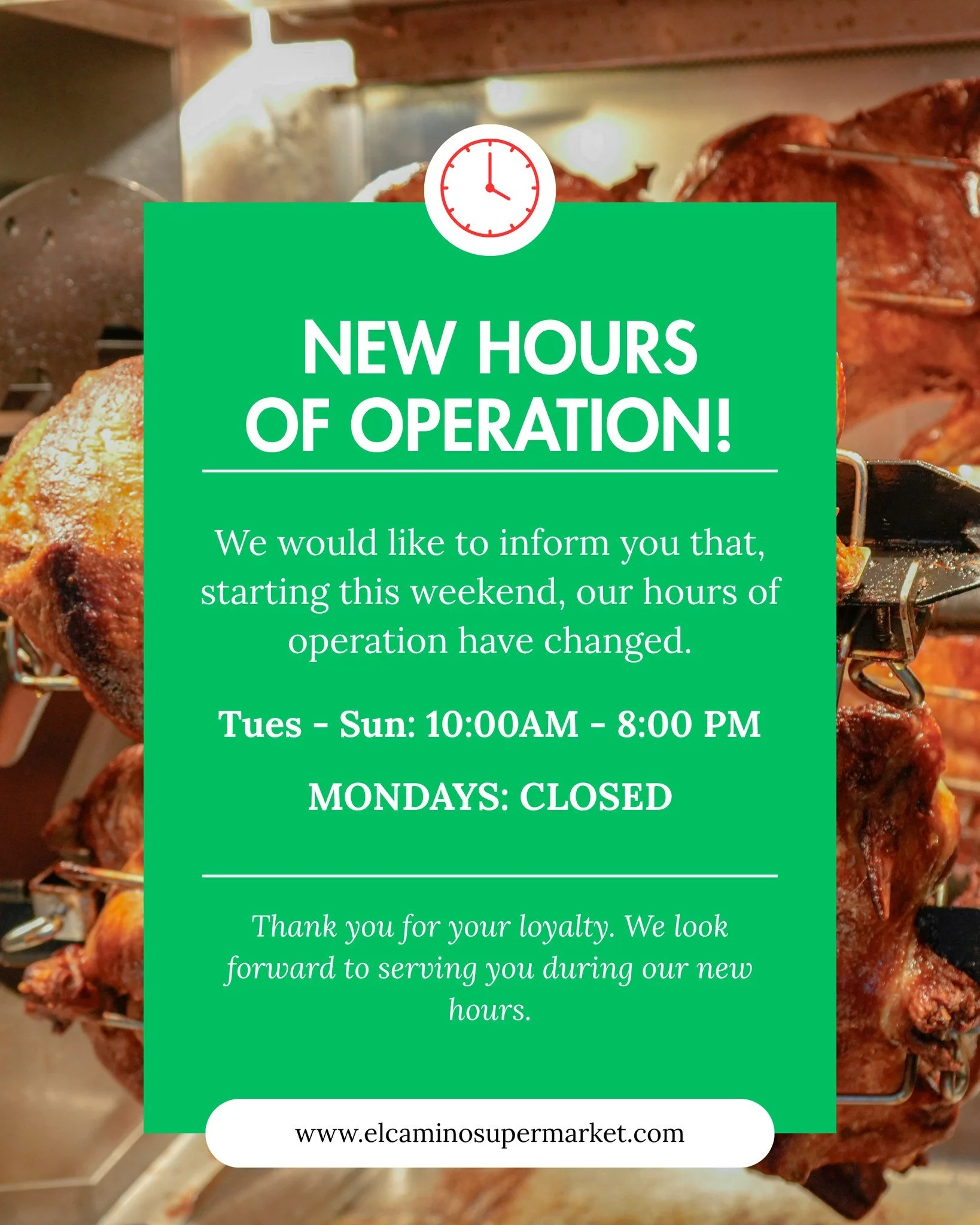 IMPORTANT ANNOUNCEMENT/ANUNCIO IMPORTANTE

New hours being this weekend - Nuevos horarios comienzan este fin de semana.