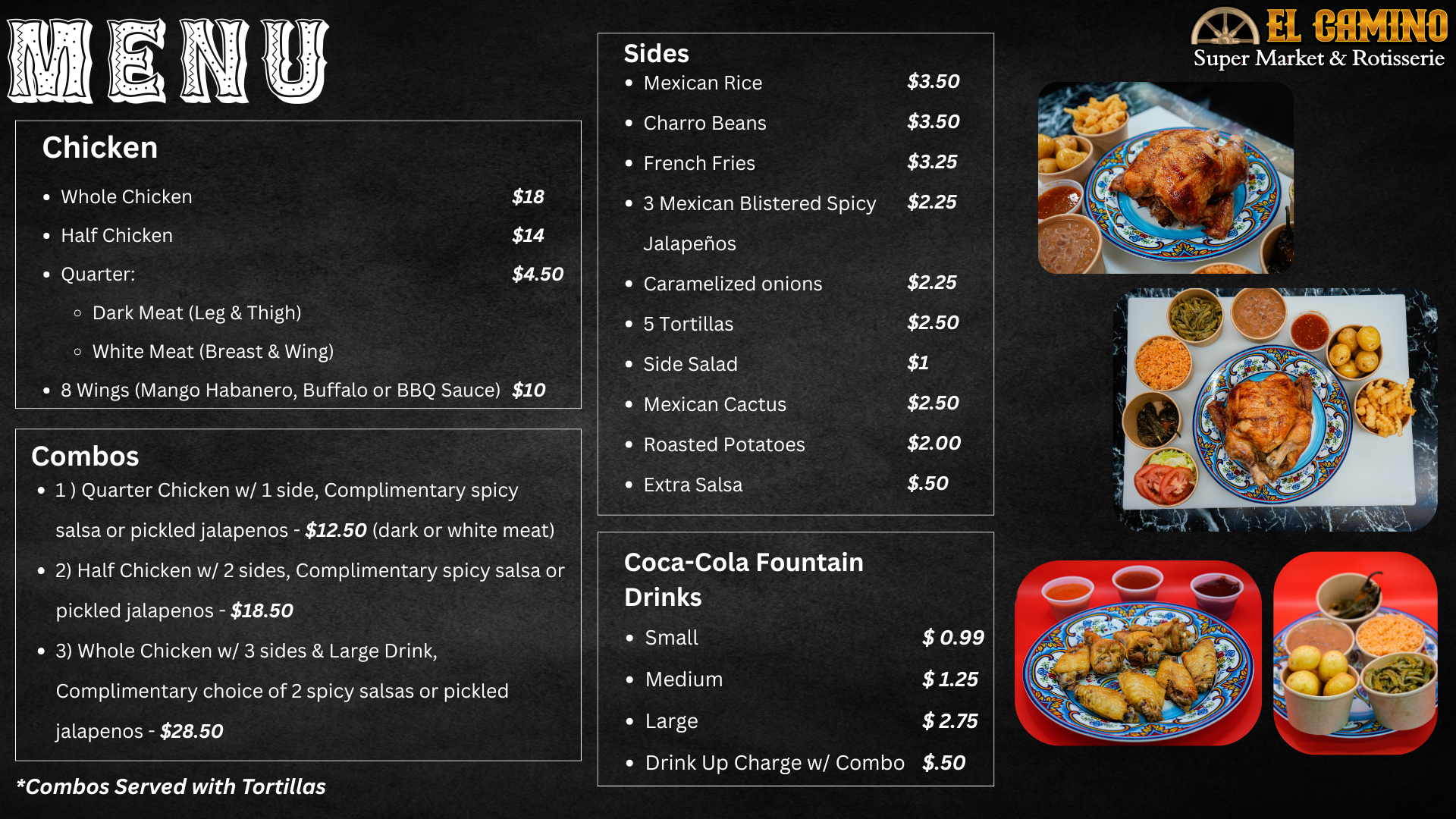food menu - rotisserie chicken - el camino supermarket - staunton, virginia
