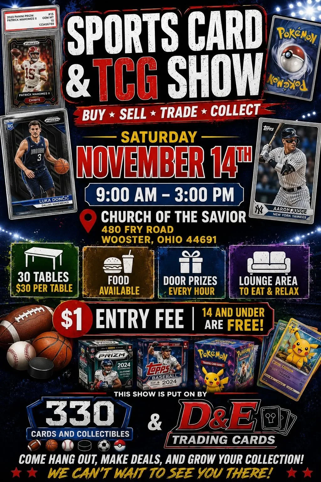 Event poster for a sports card and trading card show on Saturday, November 14th, from 9:00 AM to 3:00 PM at Church of the Savior, 480 Fry Road, Wooster, Ohio. Features sports cards of Patrick Mahomes, Luka Dončić, and Aaron Judge, Pokémon cards, and trading card collectibles. Entry fee is $1, free for children 14 and under. Shows, food, door prizes, lounge area, and 30 tables for trading.