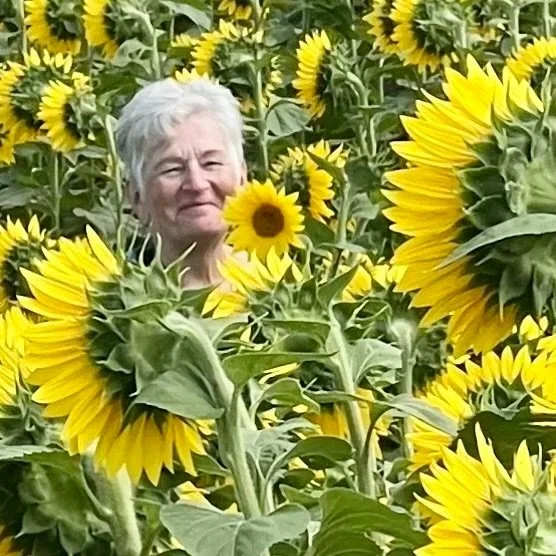 Candi Byrne, Sweet Spot VoiceOver, smiling crone in a field of sunflowers.