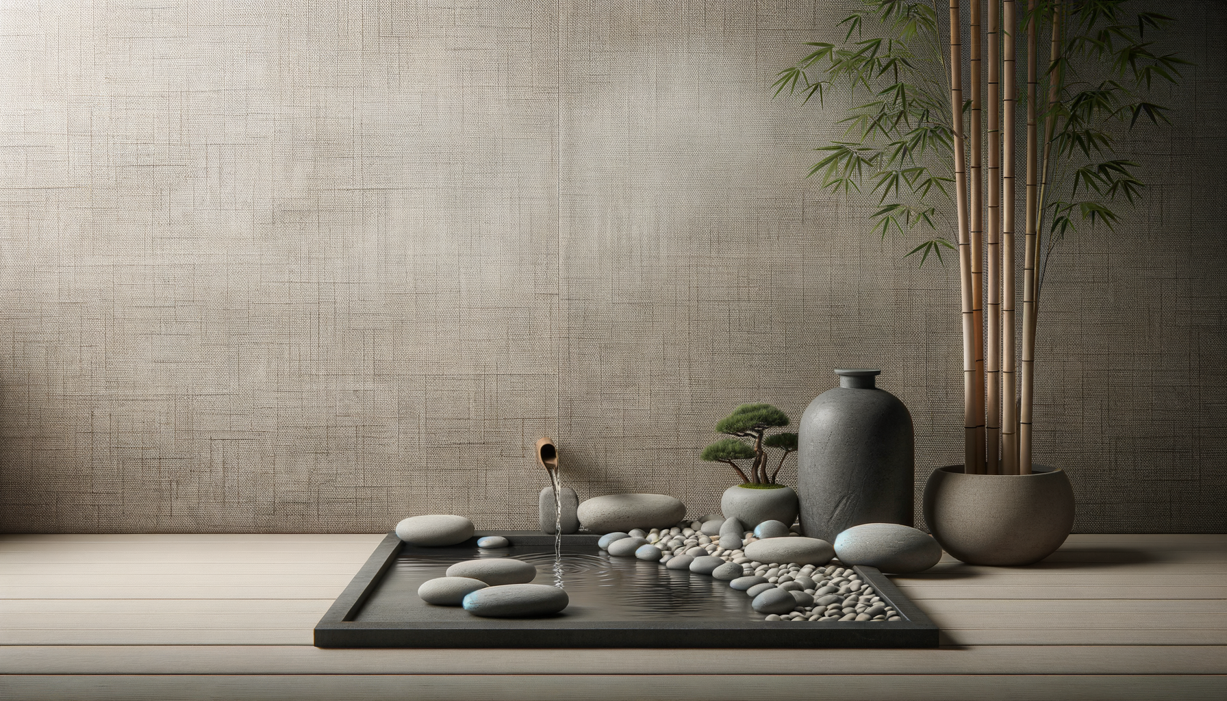 Zen garden with rocks, small trees, bamboo, and a textured wall background.