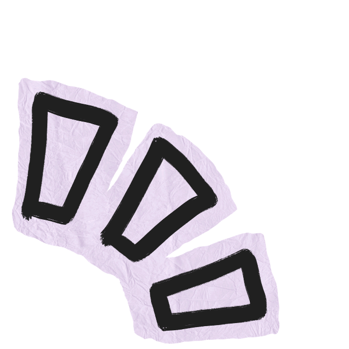 Dessins de quatre formes géométriques avec un contour noir sur un fond violet déchiré.
