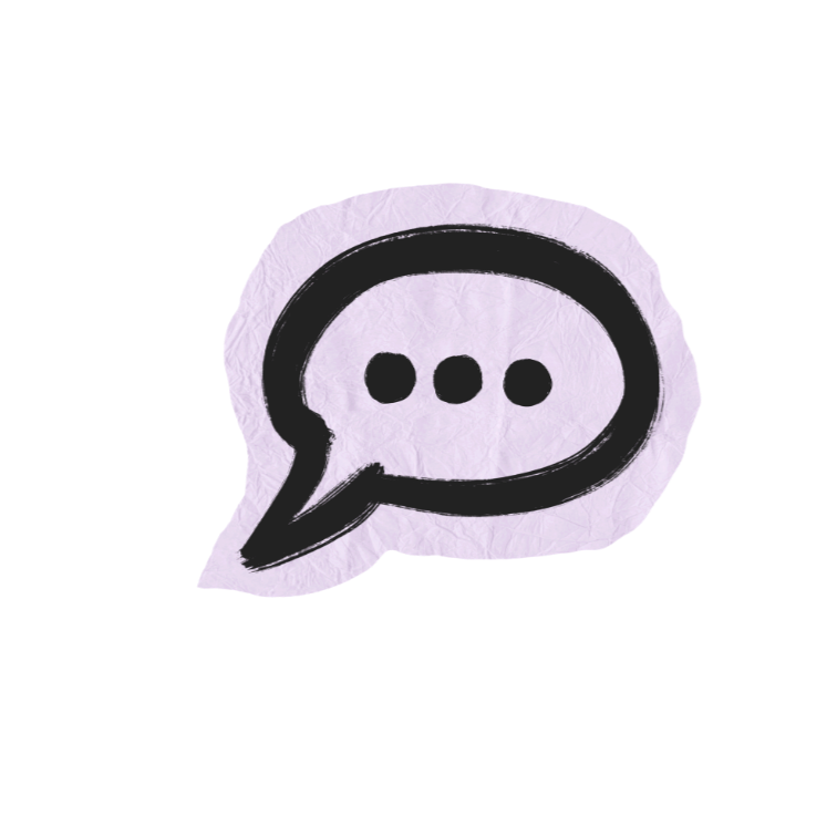 Un symbole de bulle de conversation noire dessinée à la main sur un fond violet clair avec une texture de papier.