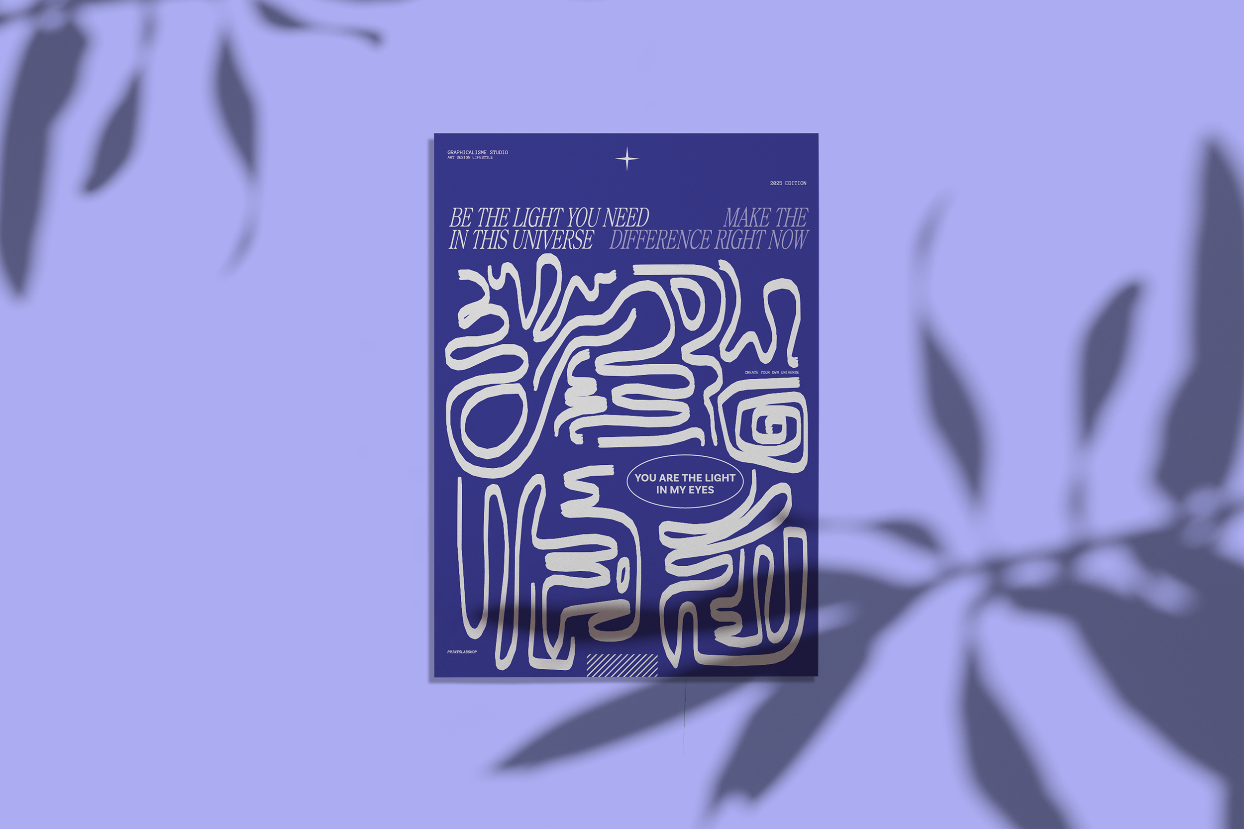 Affiche artistique avec un fond bleu foncé, des formes abstraites blanches et des textes en anglais, incluant des déclarations inspirantes et une phrase centrale 'You are the light in my eyes'.