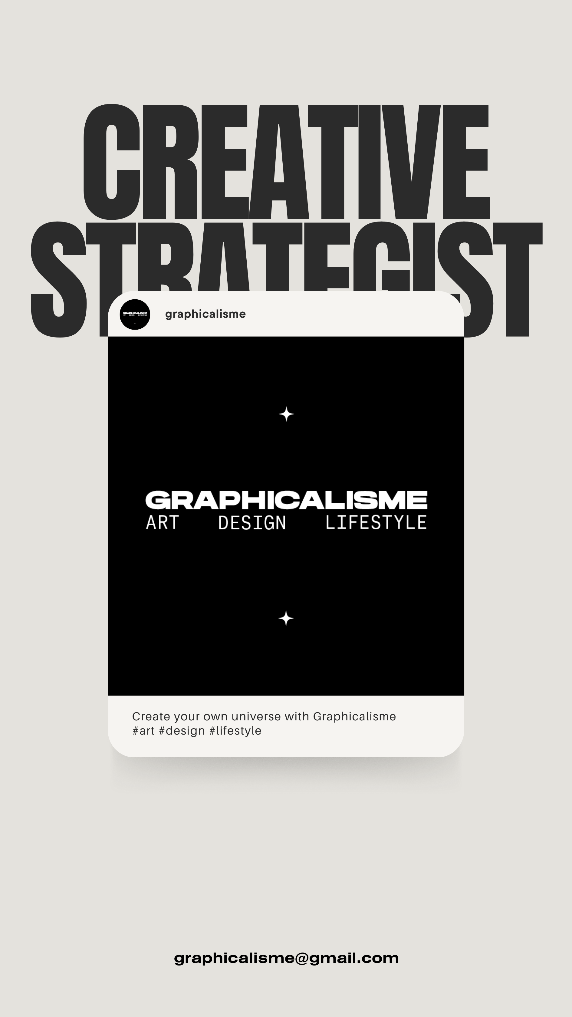 Une image promotionnelle en noir et blanc pour Graphicalisme, mettant en avant l'art, le design et le style de vie, avec un message pour créer son propre univers.