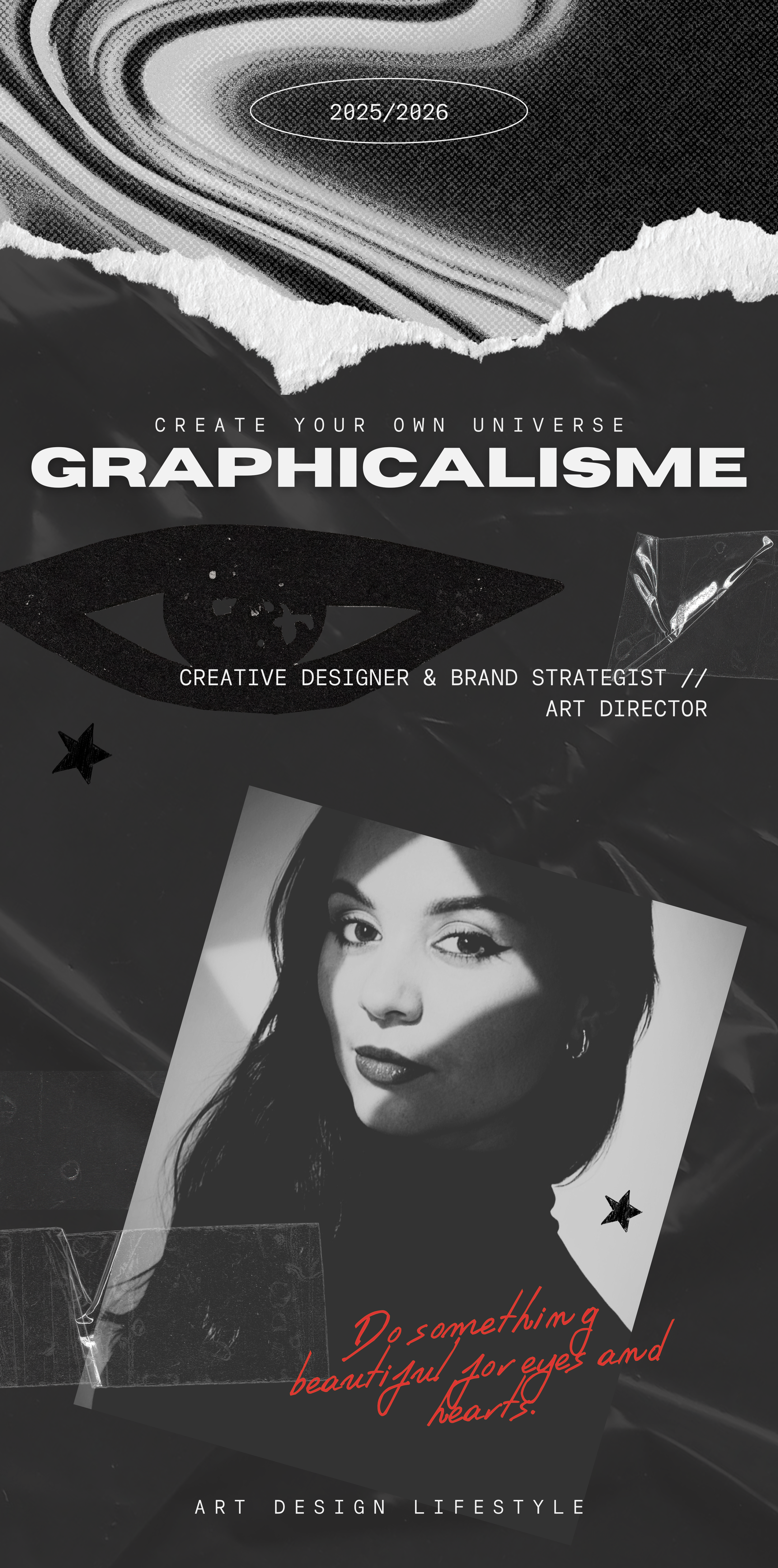 Affiche promotionnelle pour un atelier de design graphique et création artistique, comprenant un portrait en noir et blanc d'une femme, des éléments graphiques, et du texte en anglais et français.