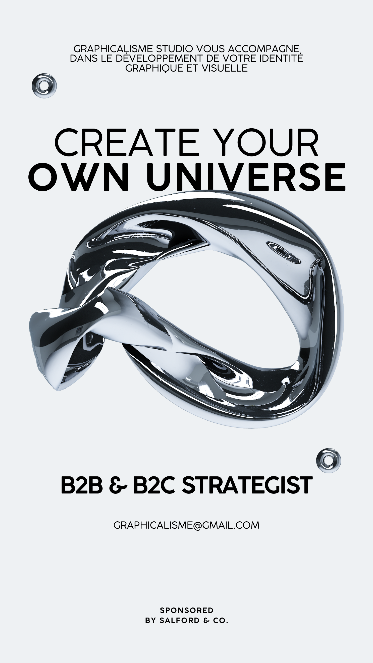 Une affiche publicitaire pour un studio de graphisme qui propose la création d'identité graphique et visuelle, avec un design moderne et un logo en forme de boucle métallique, texte en français et anglais, contact email et mention du sponsoring par Salford & Co.