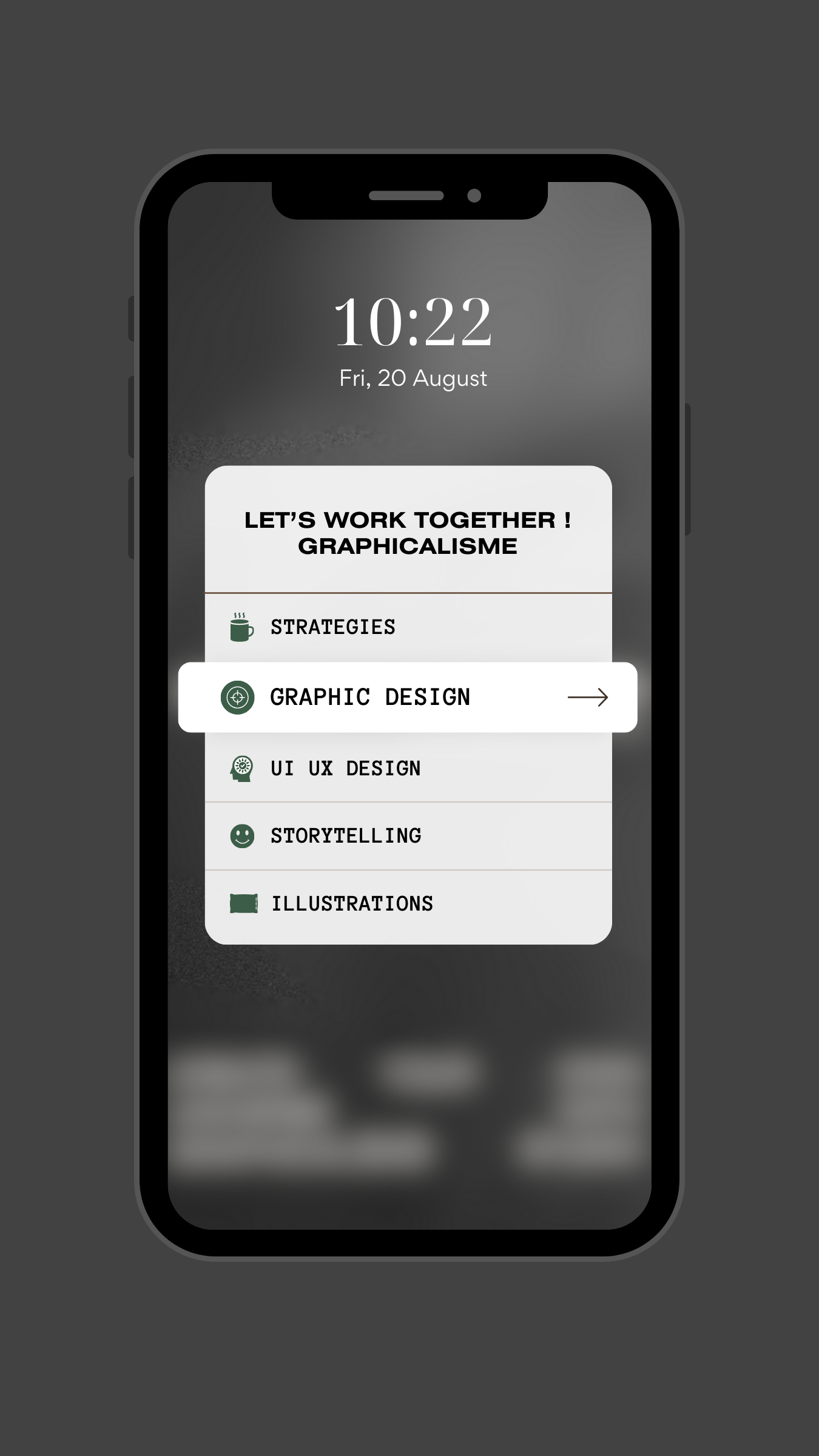Une capture d'écran d'une application mobile affichant des cours sur le design graphique, avec une liste de sujets comprenant stratégies, design graphique, UI UX design, storytelling et illustrations.
