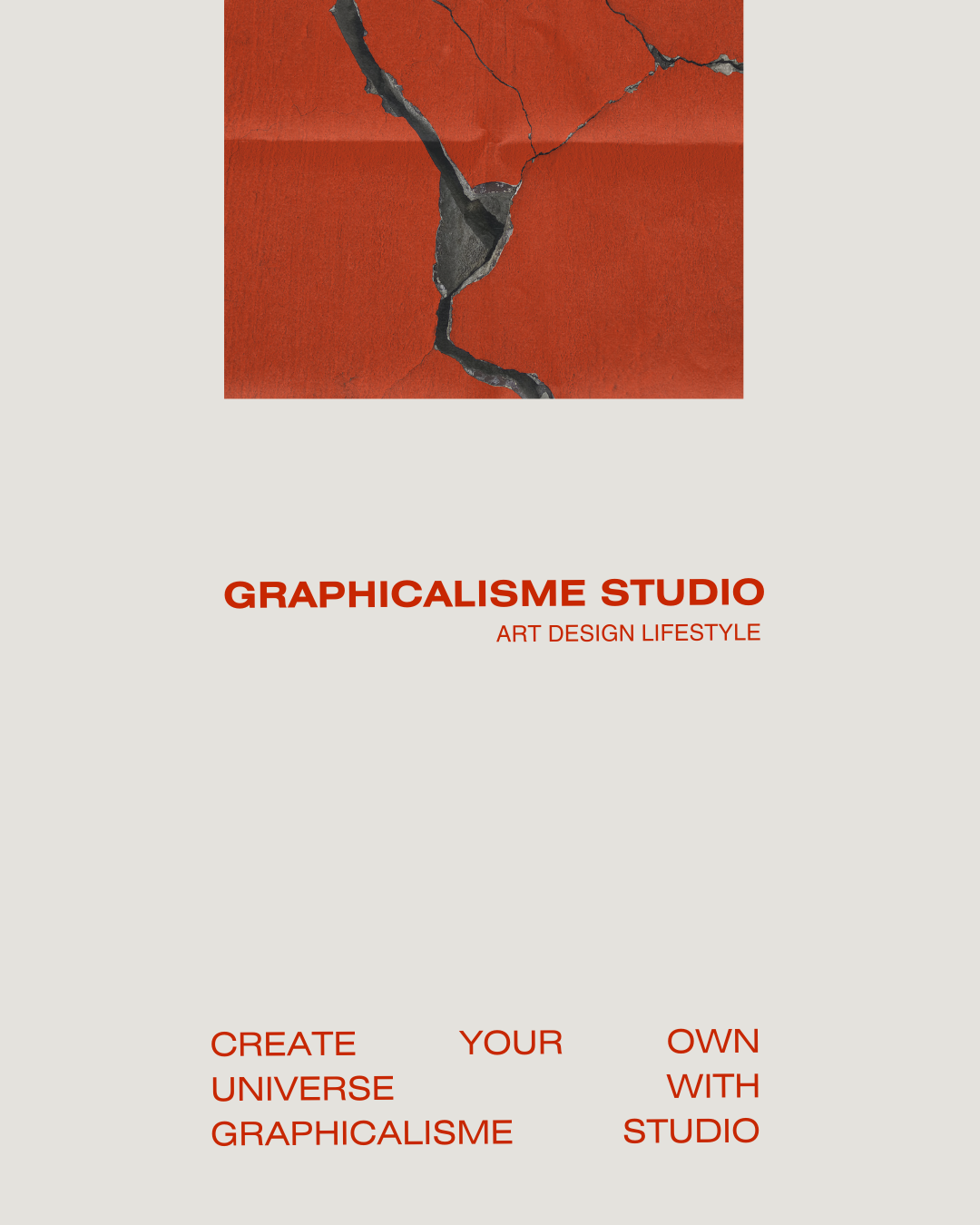 Page de couverture d'un magazine ou d'une brochure avec une image d'une surface rouge fissurée et le texte en français "GRAPHICALISME STUDIO", "ART DESIGN LIFESTYLE", et "CREATE YOUR OWN UNIVERSE WITH GRAPHICALISME STUDIO".