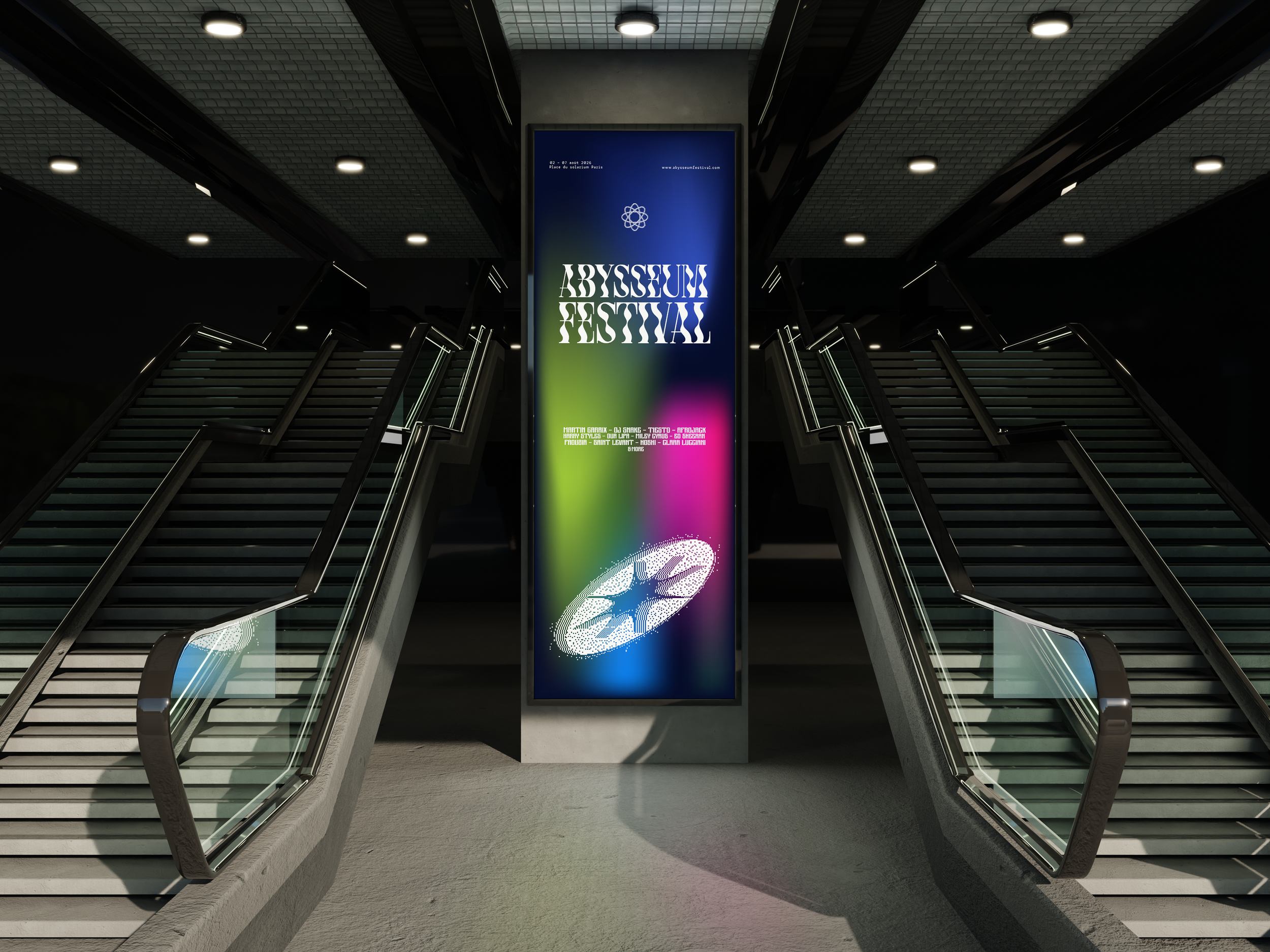 Une affiche lumineuse annonçant le festival Abyssium Festival, située entre deux escaliers mécaniques dans un environnement moderne avec un plafond sombre et des lumières intégrées.