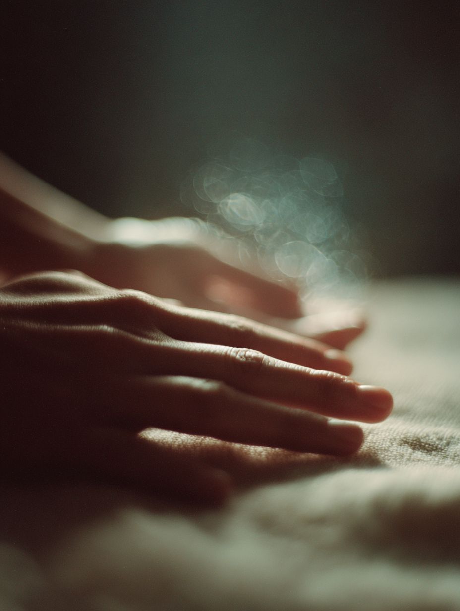 Close-up of two hands gently touching, with soft lighting and bokeh effect in the background.