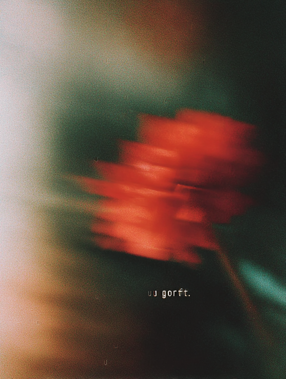An abstract image with blurred dark green and black background, a red-orange shape in the center, and small white text near the bottom that reads "u gort."