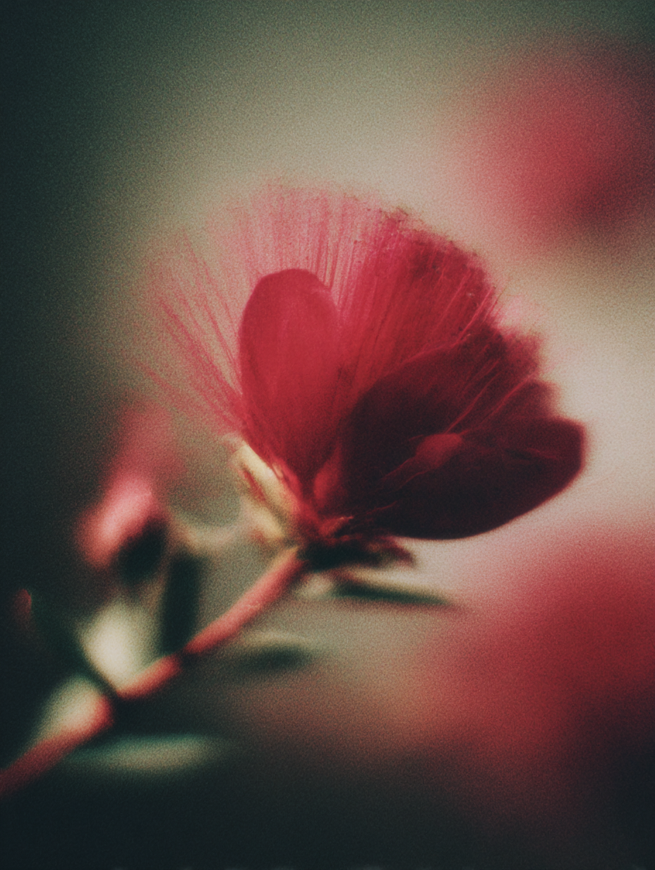 Close-up of a small red flower with delicate petals and blurred background.