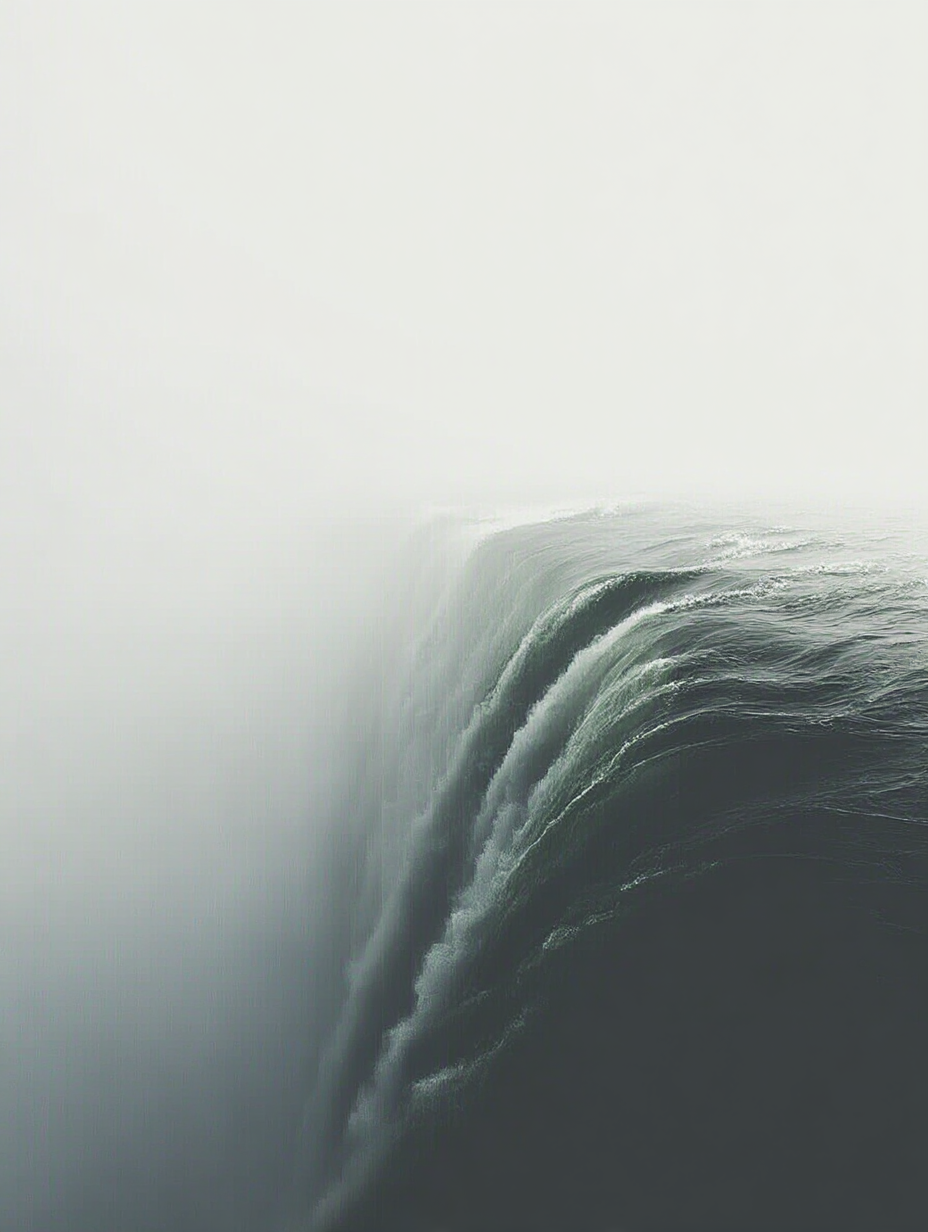 A photograph of a large waterfall with mist and spray at the edges, viewed from behind.