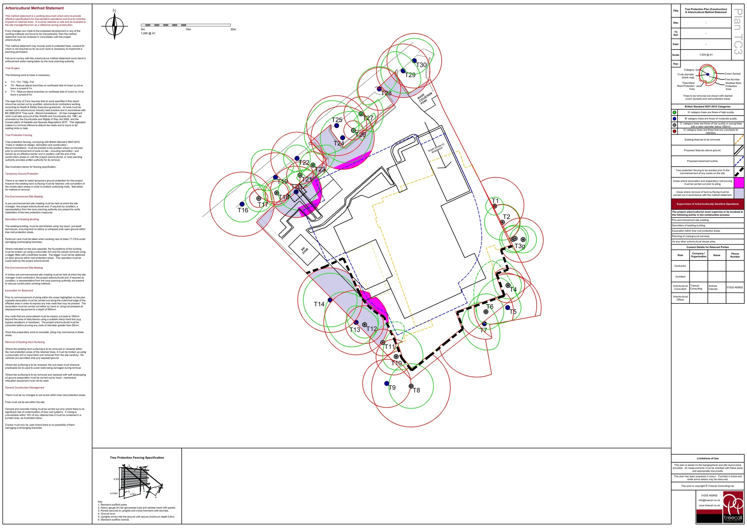 Site plan showing tree protection measures with circles indicating tree protection zones, and labeled trees T1 to T30, including fencing and construction exclusion zones.