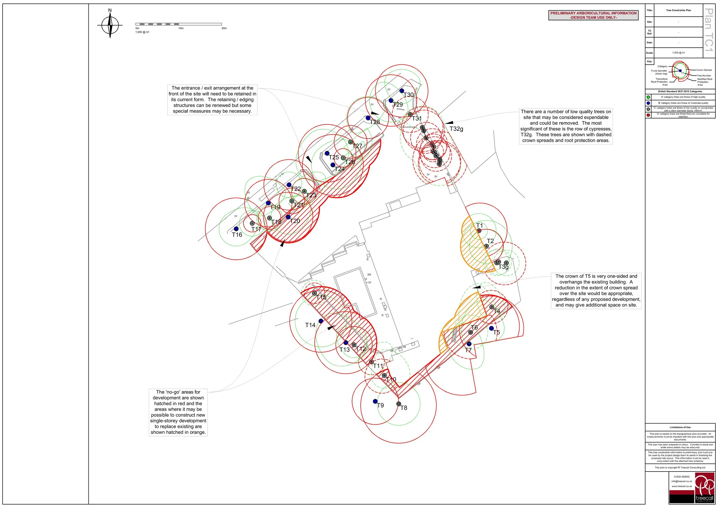 A landscaping site plan illustrating tree placement, health conditions, and proposed development areas with color-coded markings, symbols, and notes detailing tree retention, removal, and planting recommendations.