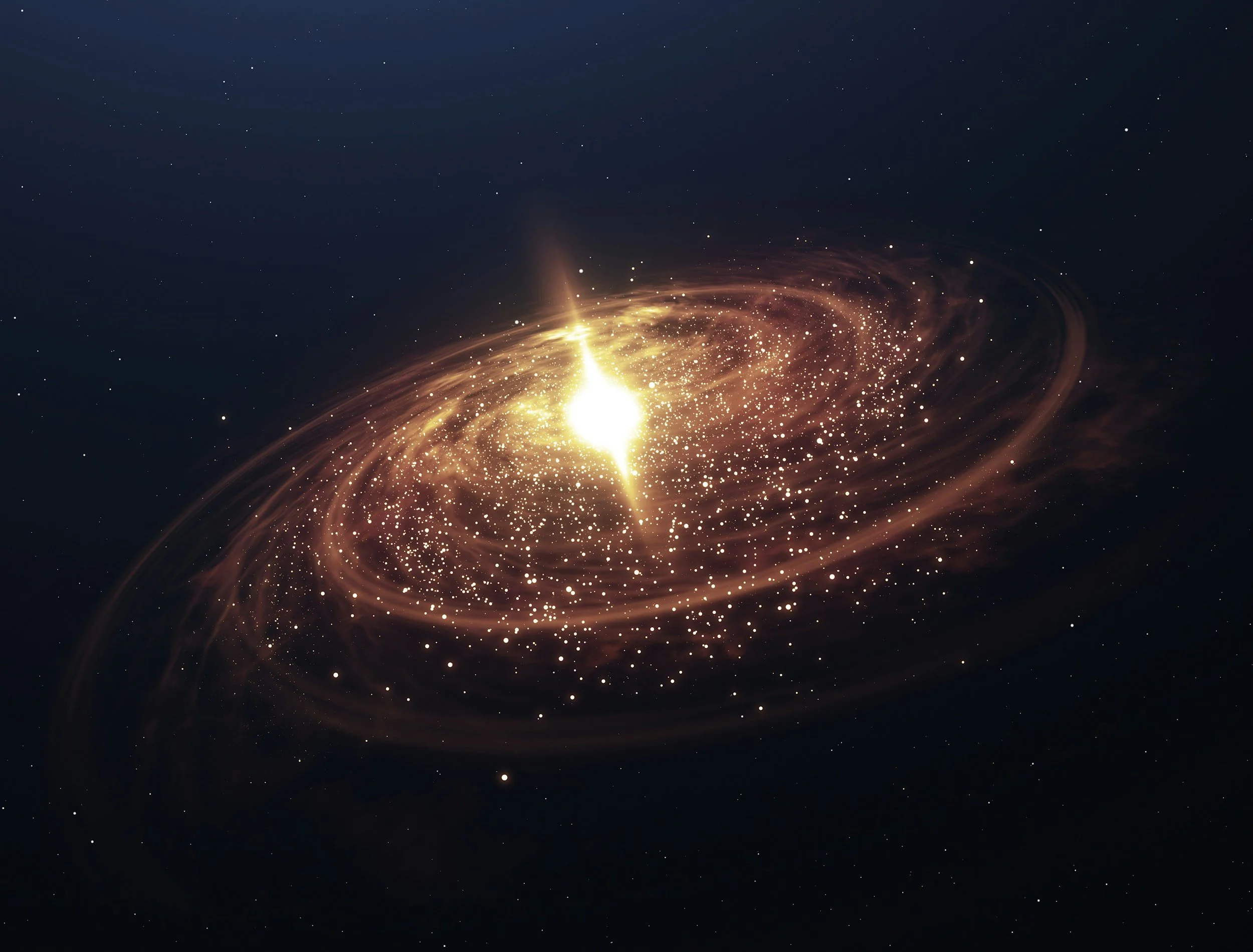 A bright, glowing galaxy with swirling arms of stars and dust, glowing intensely at its core against a dark space background.