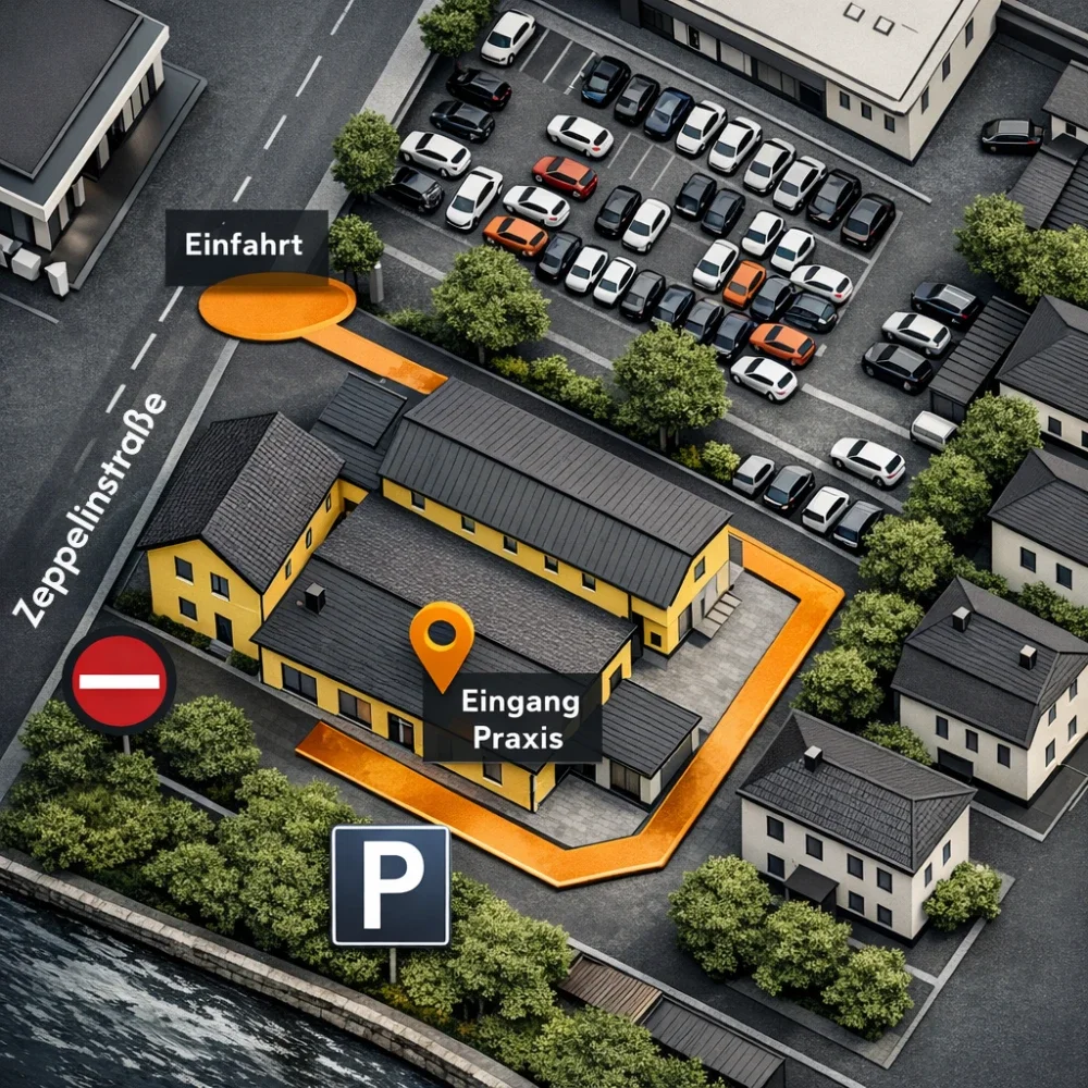 Grafik eines Parkplatzes und Gebäudes mit Eingängen, Beschilderung und einer Einfahrt auf der Zeppelinstraße, umgeben von Bäumen und weiteren Gebäuden.