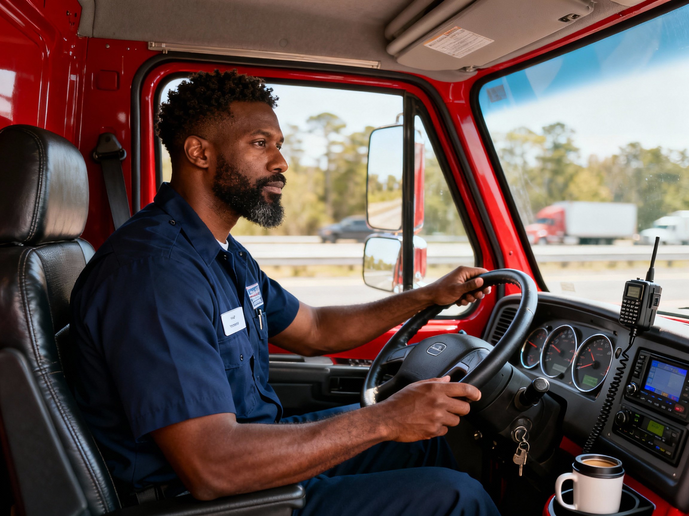 A man driving a large red semi-truck on a highway, with a coastal landscape visible through the windows, and a coffee mug on the dashboard.