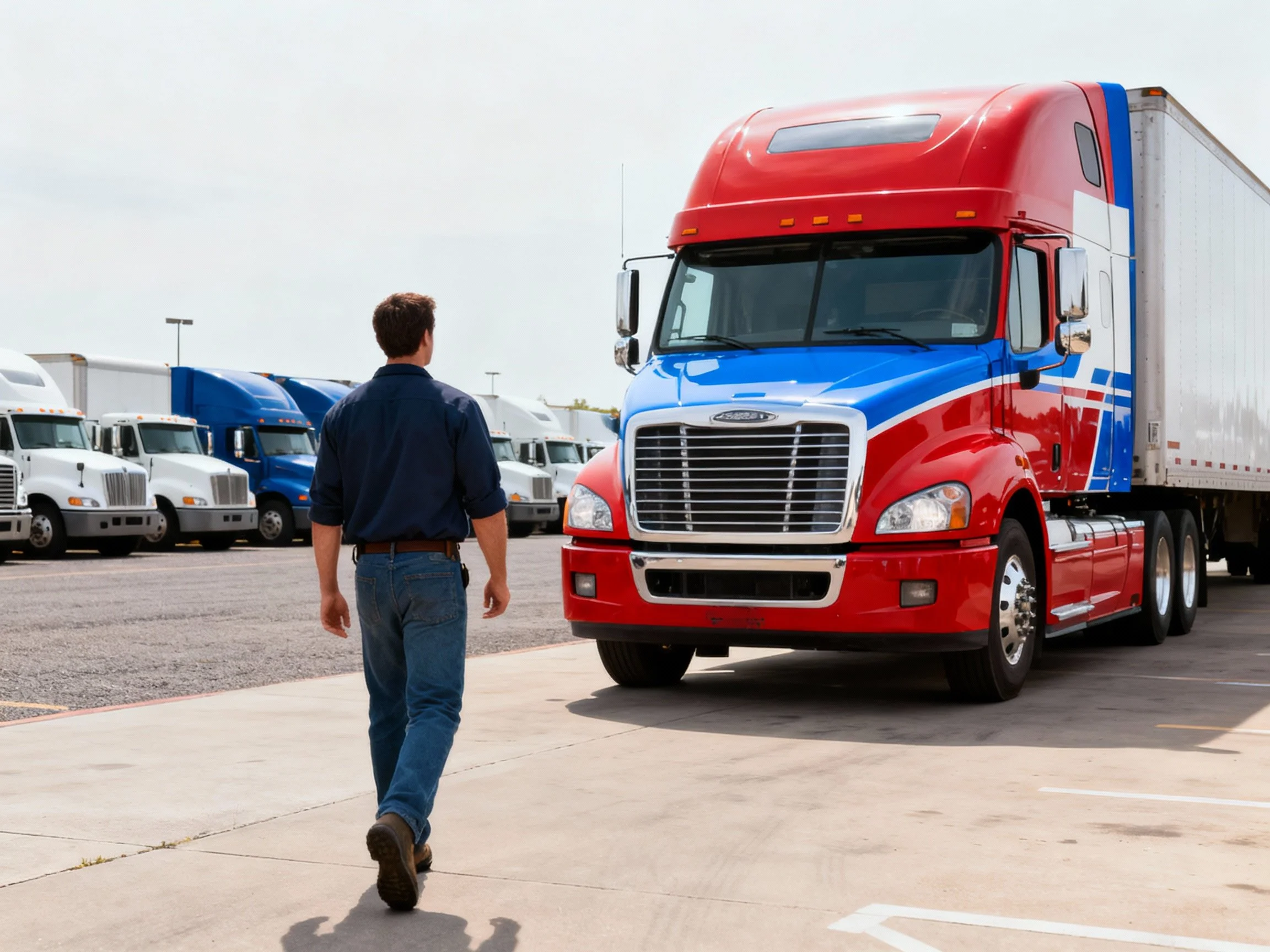 Professional trucking company driver walking through fleet yard with red, blue, and white semi-trucks used for freight transportation and long-haul trucking services