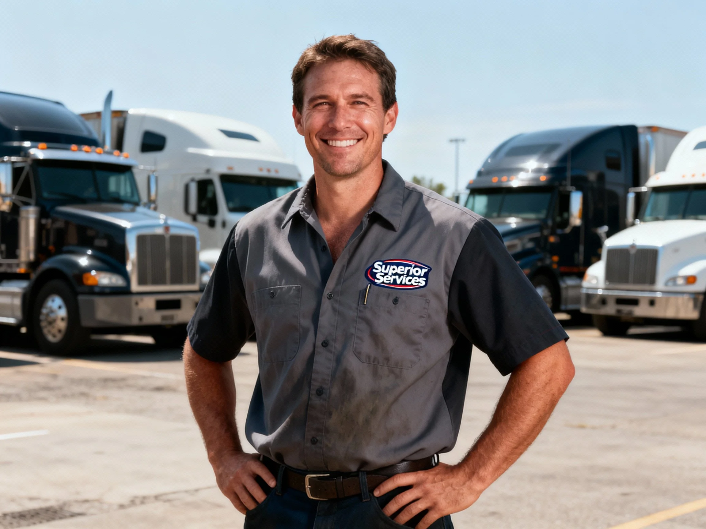 Professional trucking company driver wearing Superior Services uniform standing in fleet yard with semi-trucks used for freight transportation services