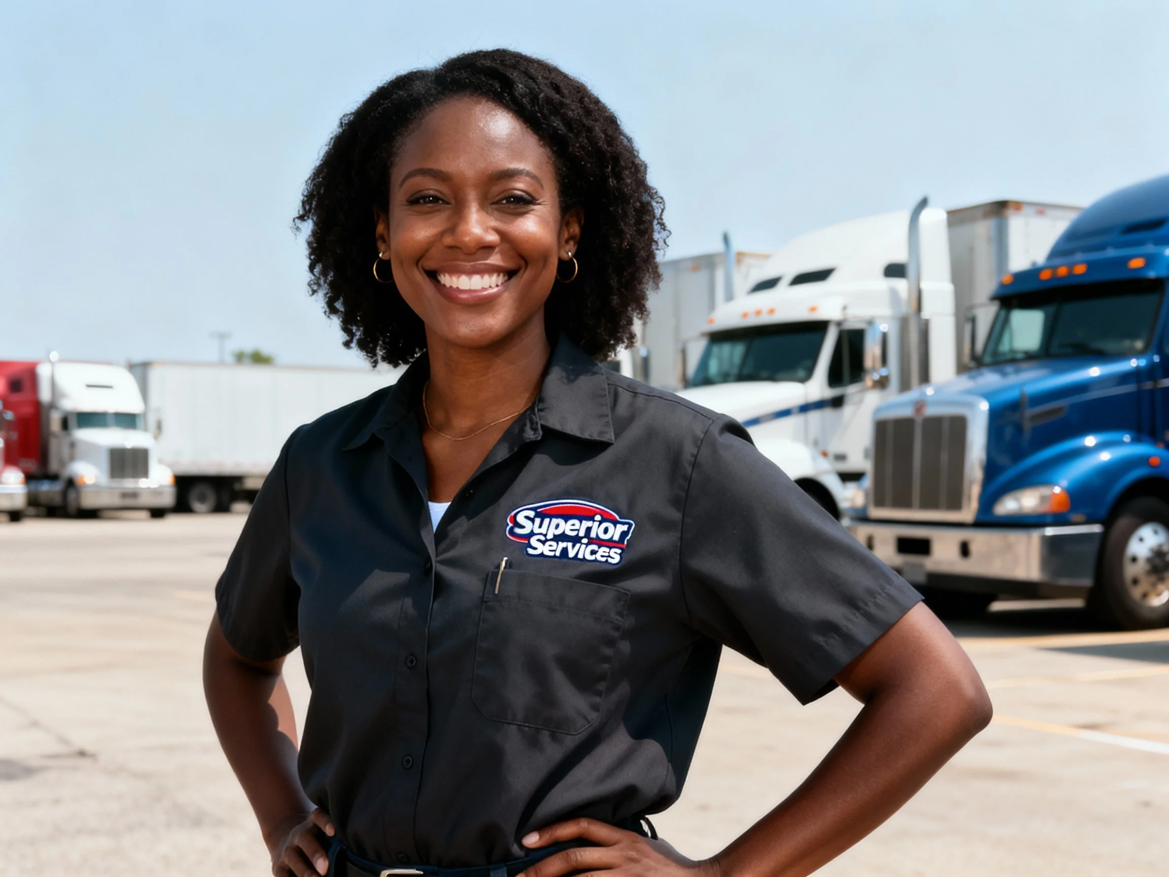 Professional trucking company team member wearing Superior Services logo standing in fleet yard with semi-trucks used for freight transportation services