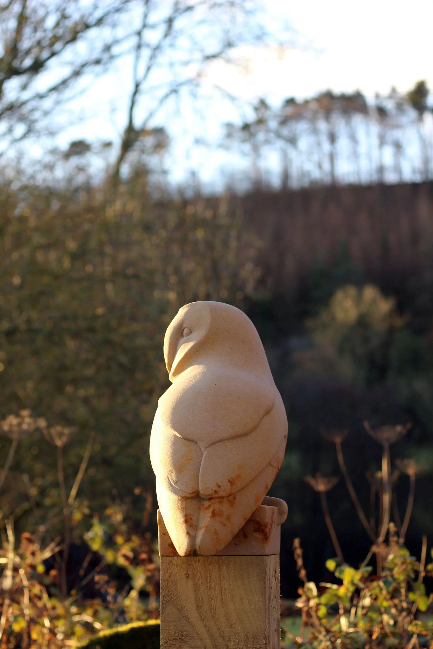 A sculpture carved in stone of a Barn Owl perched on a column with head turned, watchful