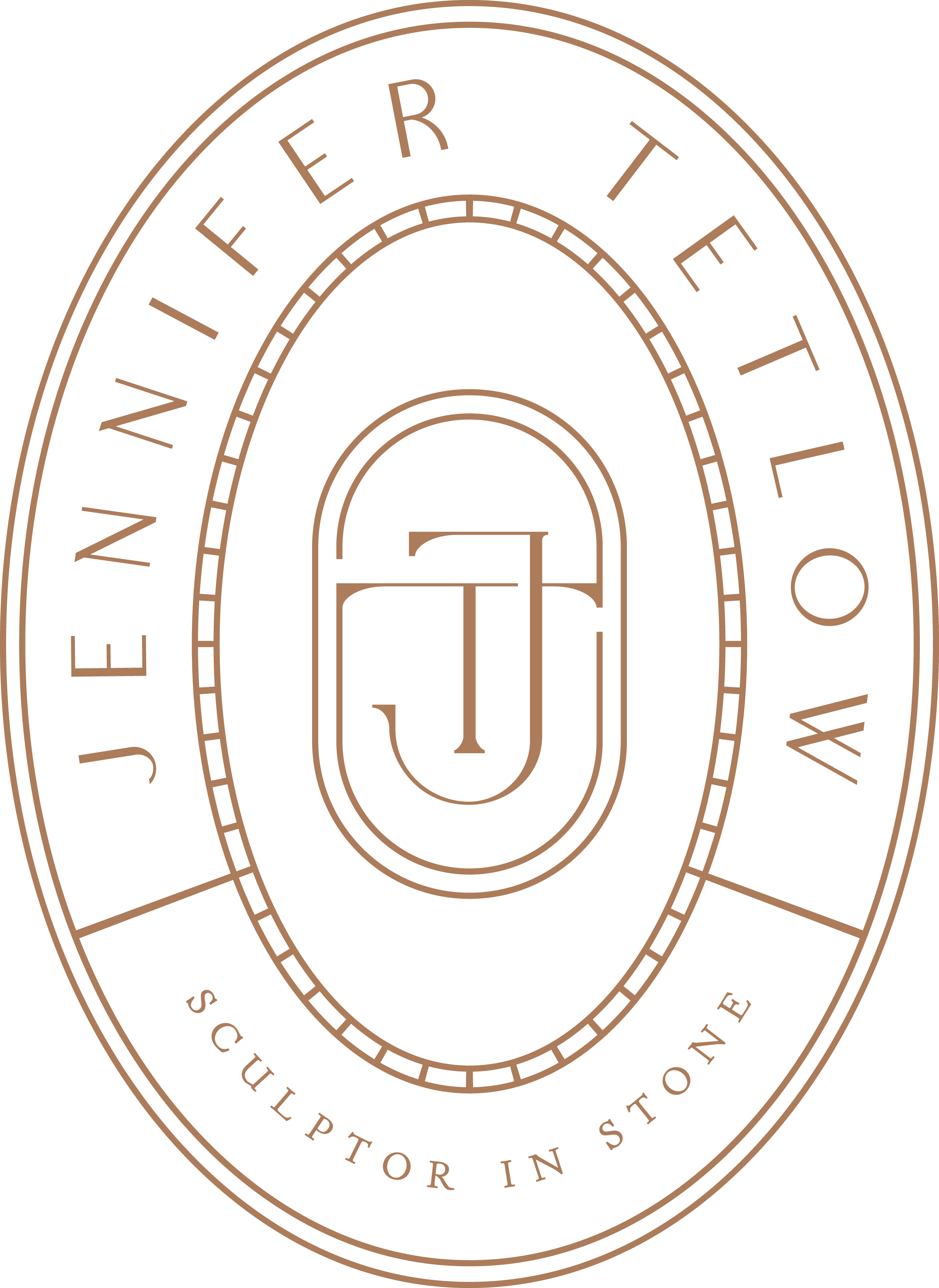 An oval logo with the words 'Juveniter Tellow' at the top and 'Sculptor in Stone' at the bottom, featuring a stylized monogram with the letters 'J' and 'T' in the center.