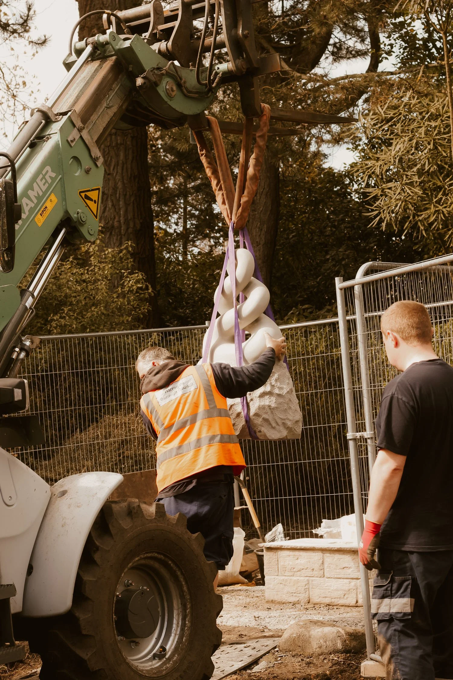 The sculpture being placed in the New Zealand Garden