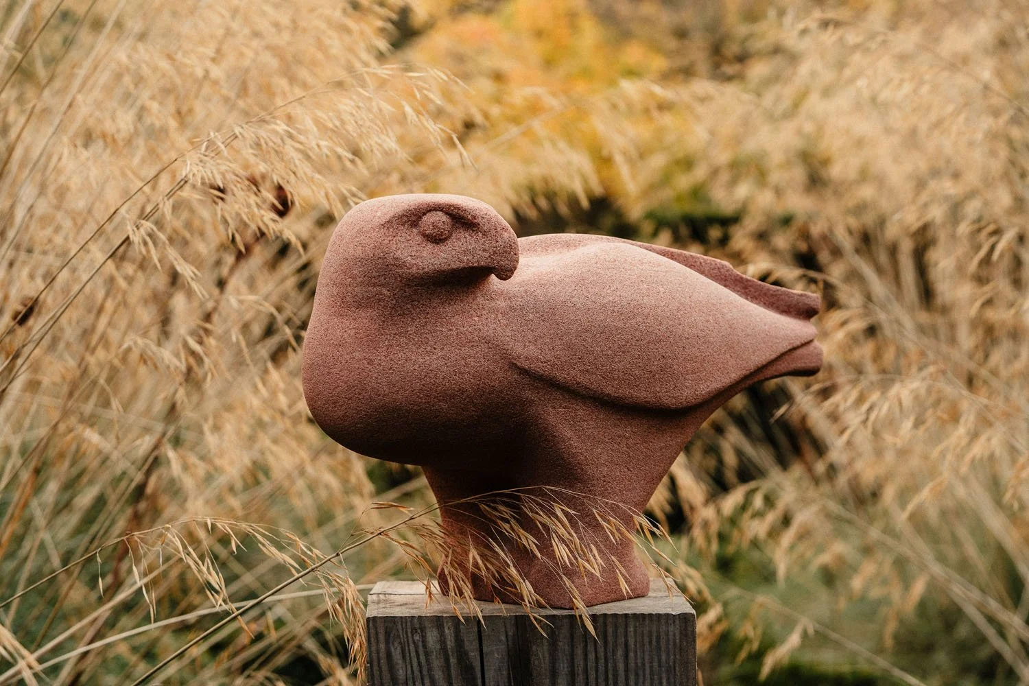 Garden sculpture of a Buzzard carved in red sandstone placed on a wood plinth amongst tall grasses