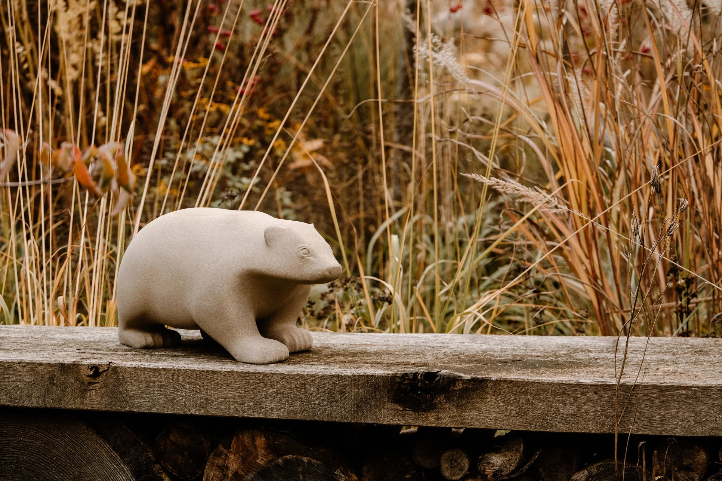 A stone Badger sculpture sits on a weathered wooden bench outdoors among tall dried grasses in the Autumn garden.