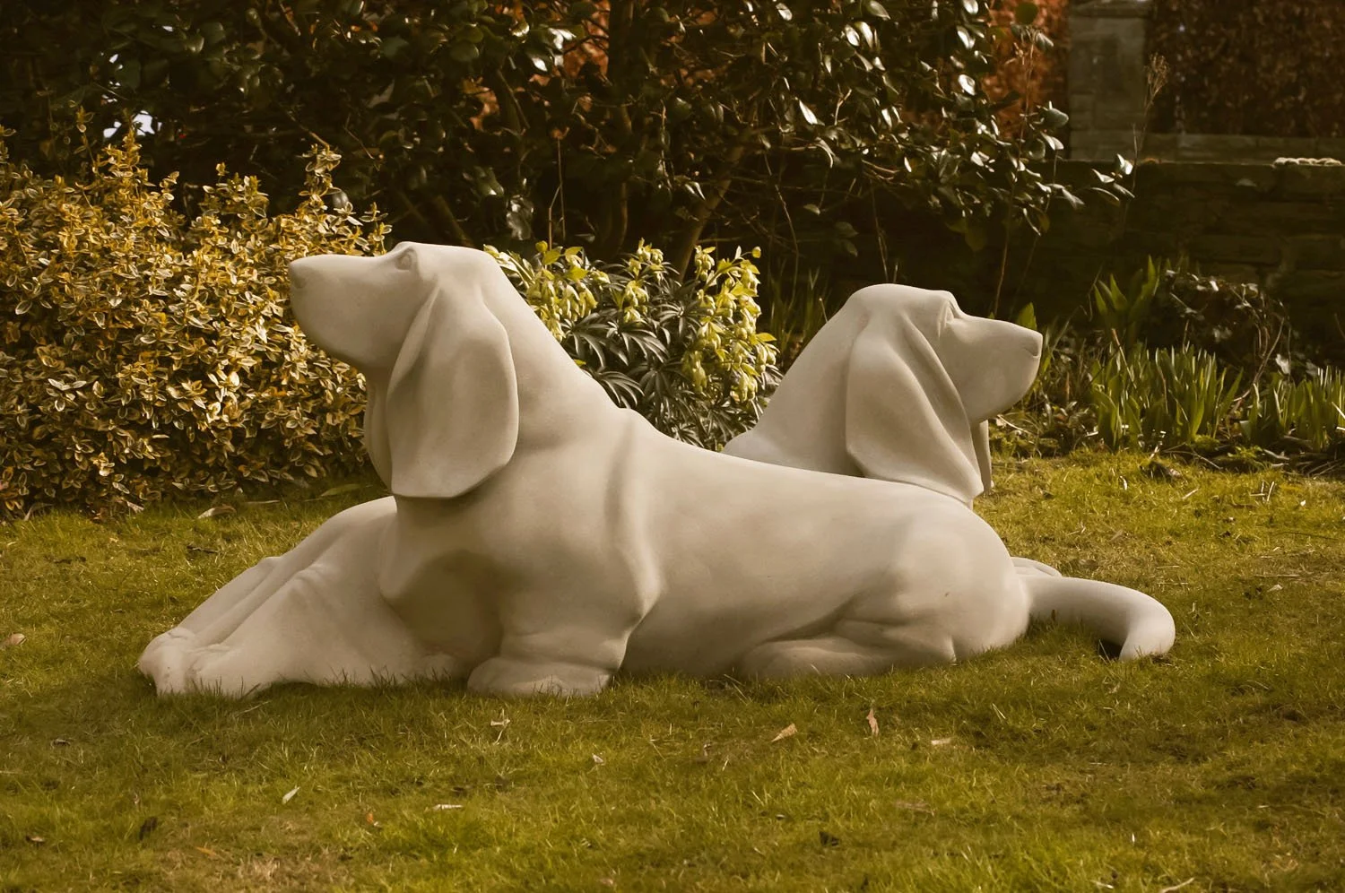 Basset Hounds stone sculpture - a commission to celebrate two very loyal and much loved family pets