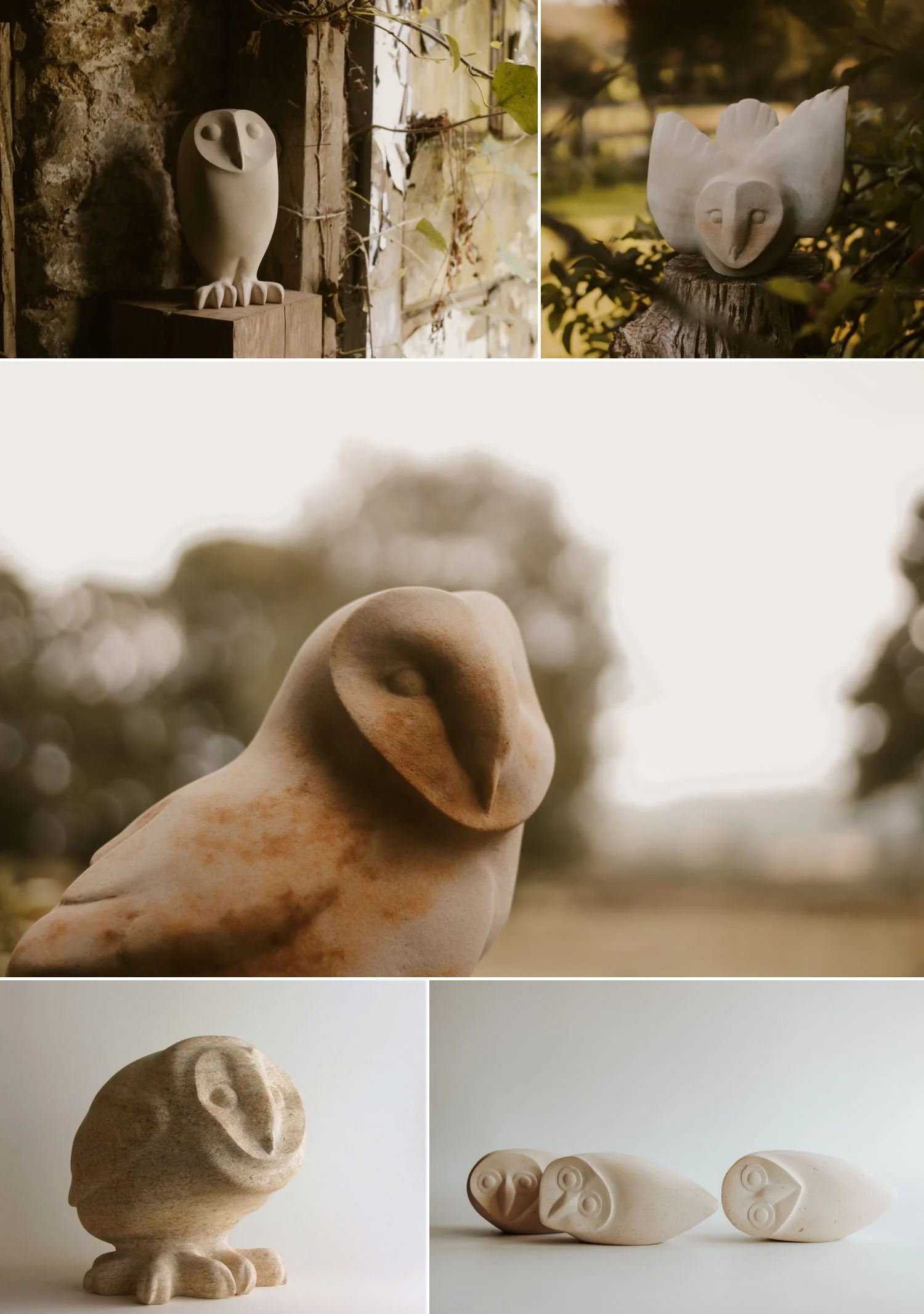Owl sculpture carved in natural stone after being inspired by the Barn Owls nesting in my workshop and watching them raise their young