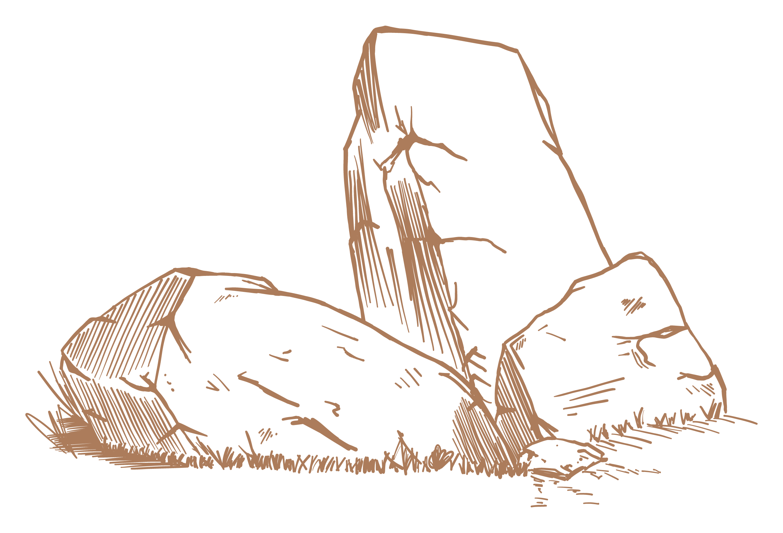 Sketch of a small pile of rocks and a large upright rock.