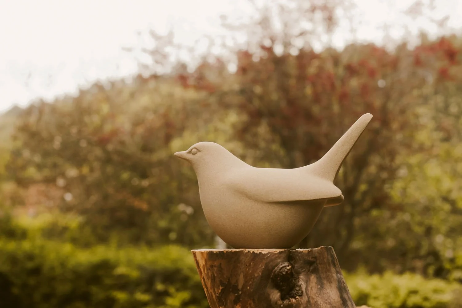 Ring Ouzel (or Moor Blackbird) sculpture, showing the bird with tail up and looking out with head raised, carved in Yorkstone as part of the Spring Birds Collection