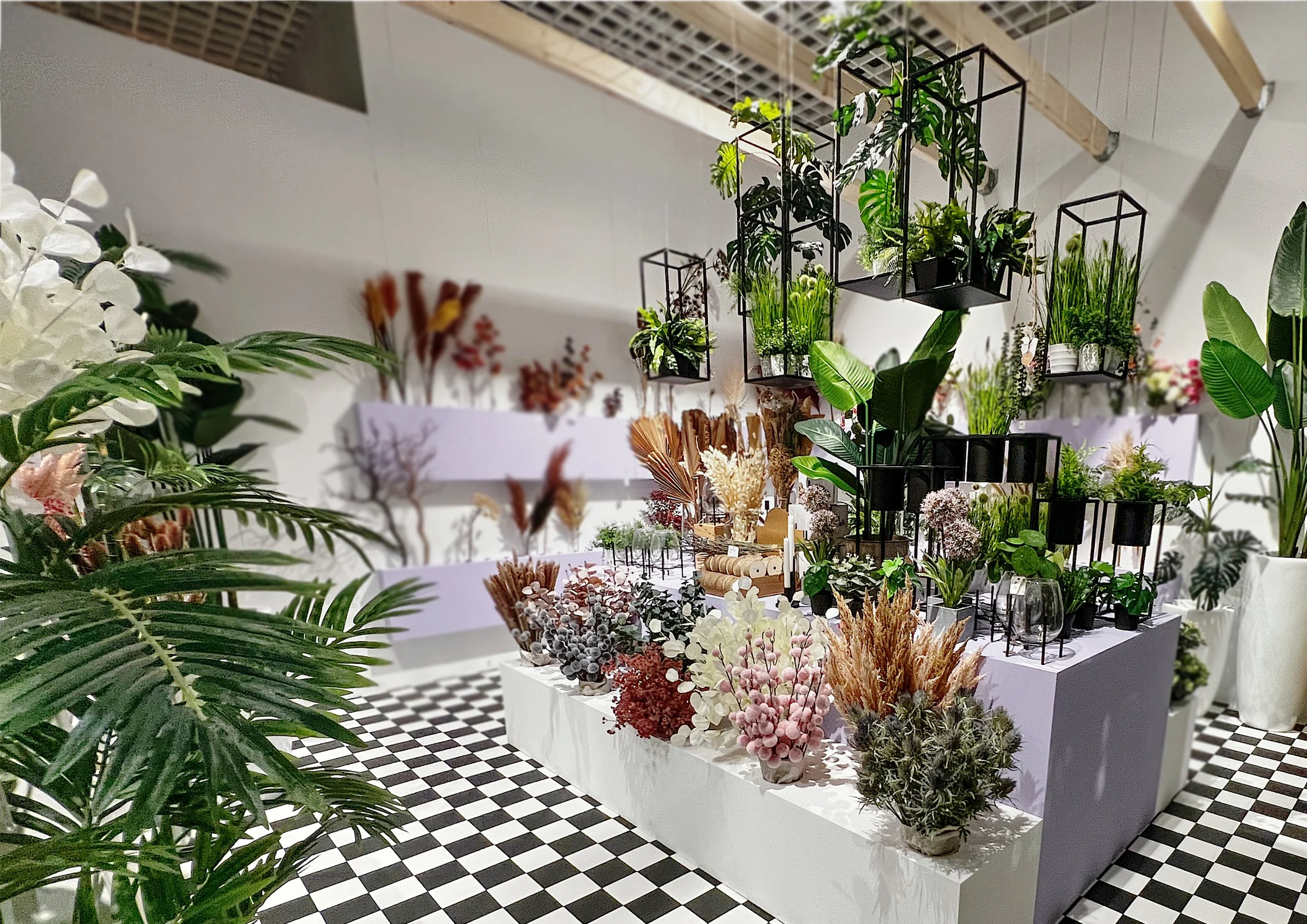 Ein Blumenladen mit einer Vielzahl an Pflanzen und Blumen auf weißen Tischen, die auf schwarz-weißen Fliesen stehen.