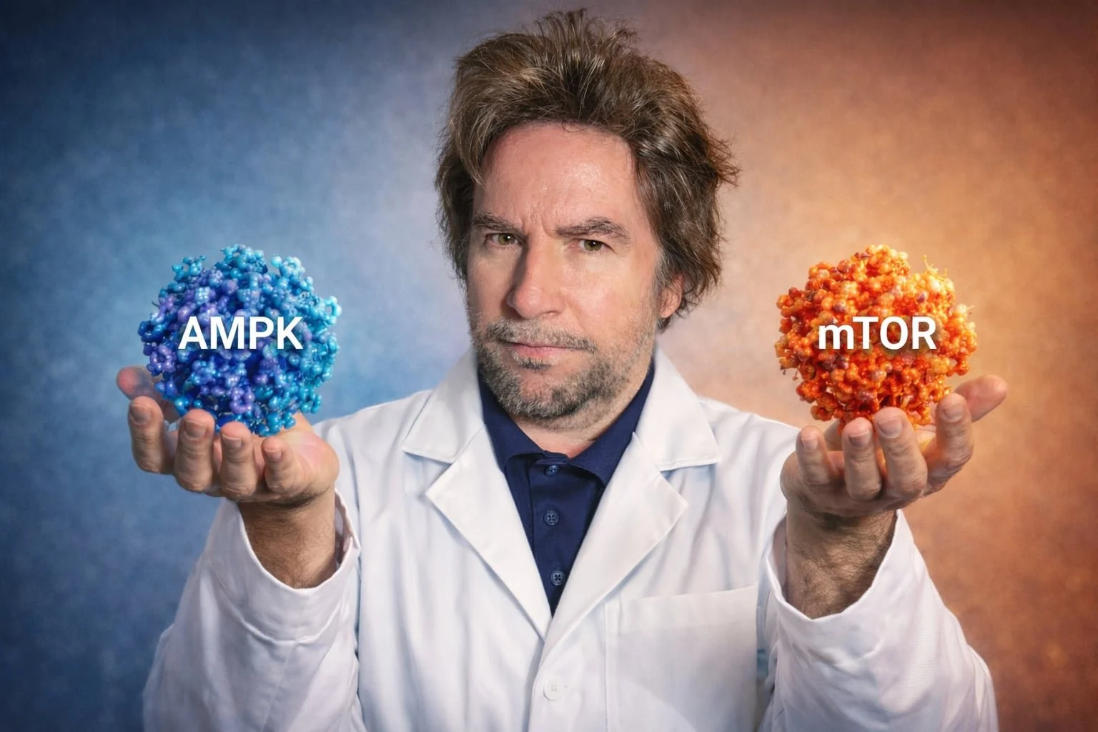 A man in a white lab coat holding two 3D models of viruses, labeled 'AMPK' in blue and 'mTOR' in orange, with a serious expression.
