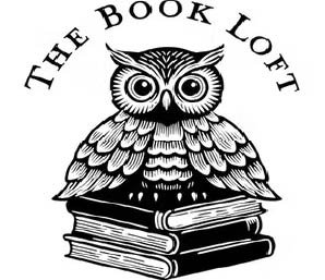 An owl sitting on top of a stack of books with the text 'The Book Loft' curved above it.