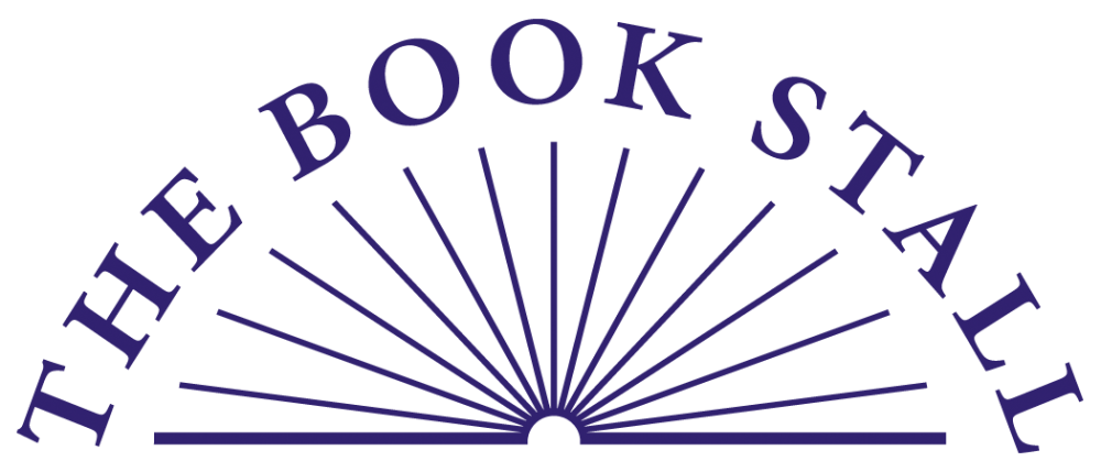 A logo with the words "The Book Stall" arched around a stylized open book with radiating lines.