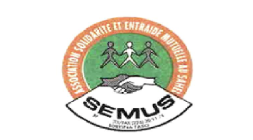 A logo featuring three figures holding hands above a handshake, with text in French around the circle, a green background, and a white banner with 'SEMUS' below.