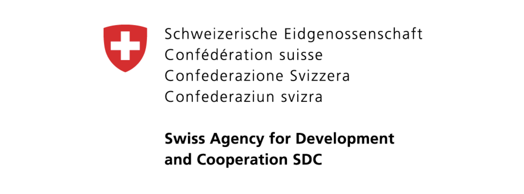 Logo of the Swiss Confederation with a red shield and white cross, along with text in multiple languages and English, indicating the Swiss Agency for Development and Cooperation (SDC).